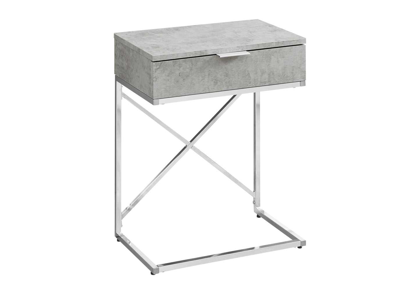Grey concrete side table with a polished chrome Cshaped frame ideal for modern living rooms