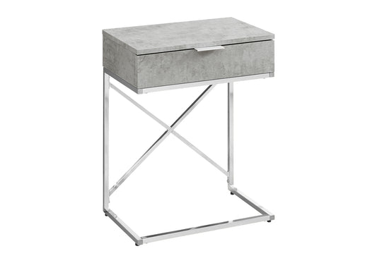 Grey concrete side table with a polished chrome Cshaped frame ideal for modern living rooms