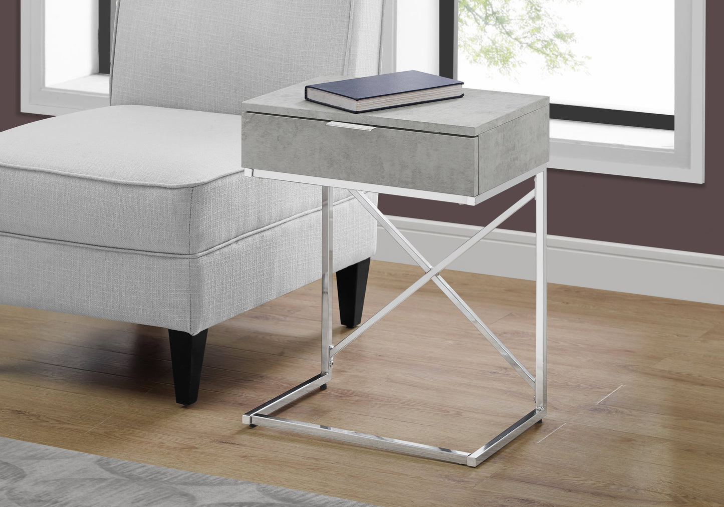 Modern gray concretelook Ctable with silver chrome legs and drawer