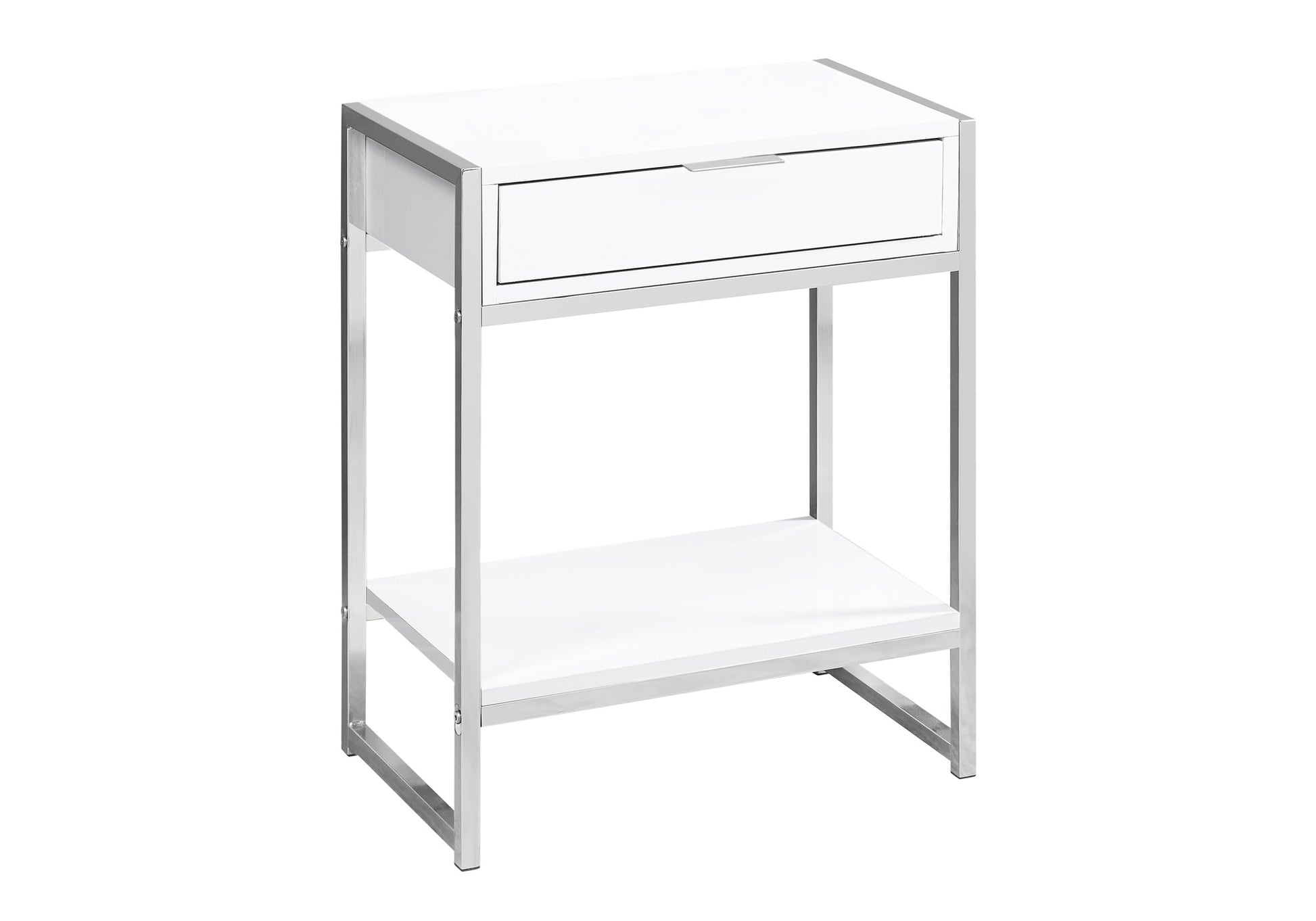 Modern white bedside table with chrome frame and single drawer for bedroom storage