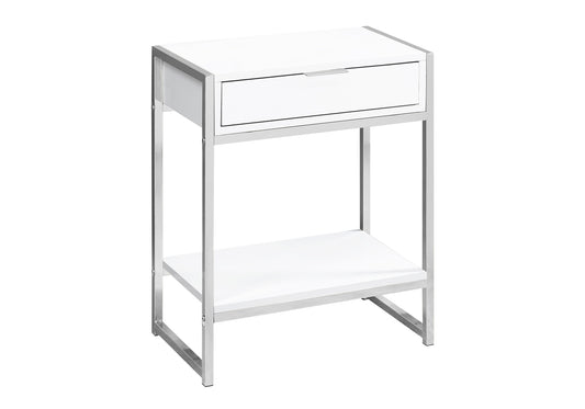 Modern white bedside table with chrome frame and single drawer for bedroom storage