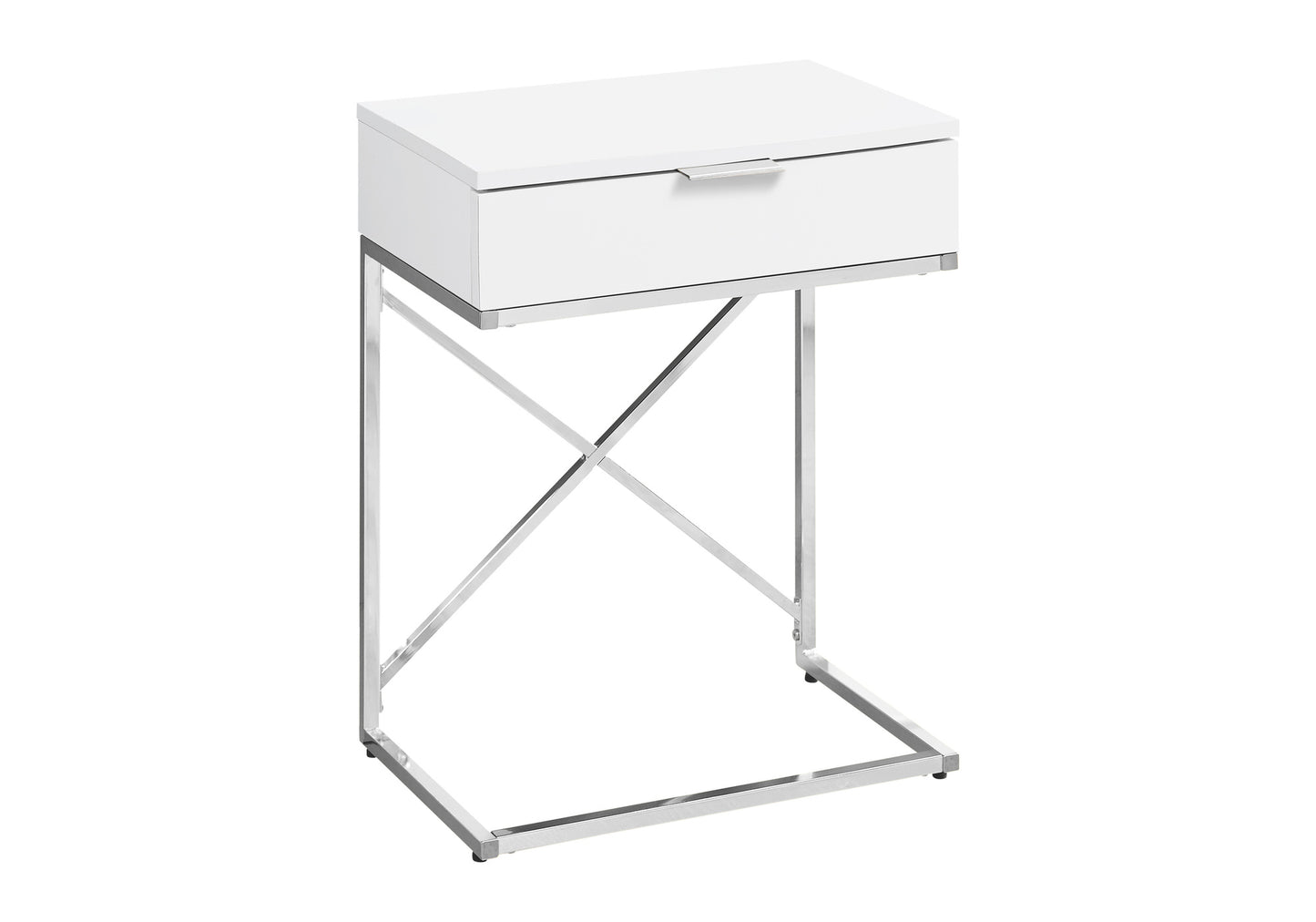 Modern white Ctable with silver chrome frame and one drawer for living room storage