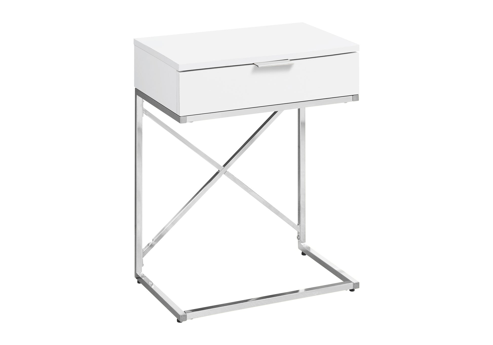 Modern white Ctable with silver chrome frame and one drawer for living room storage