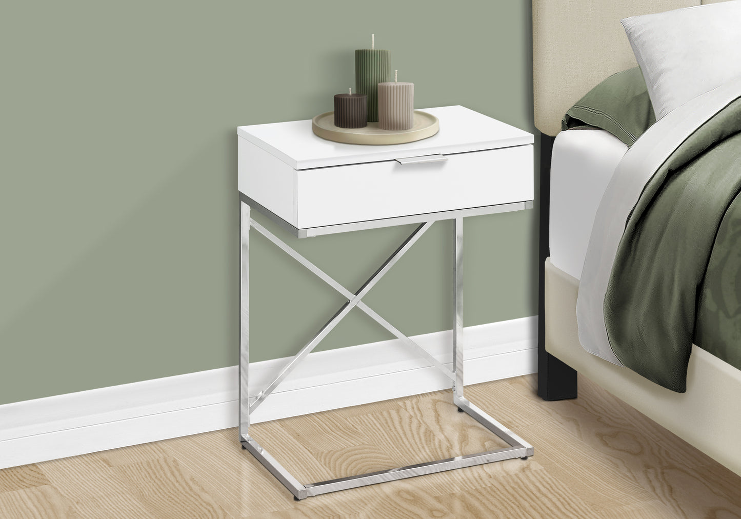 Modern white bedside table with chrome Cframe base and single drawer for bedroom storage