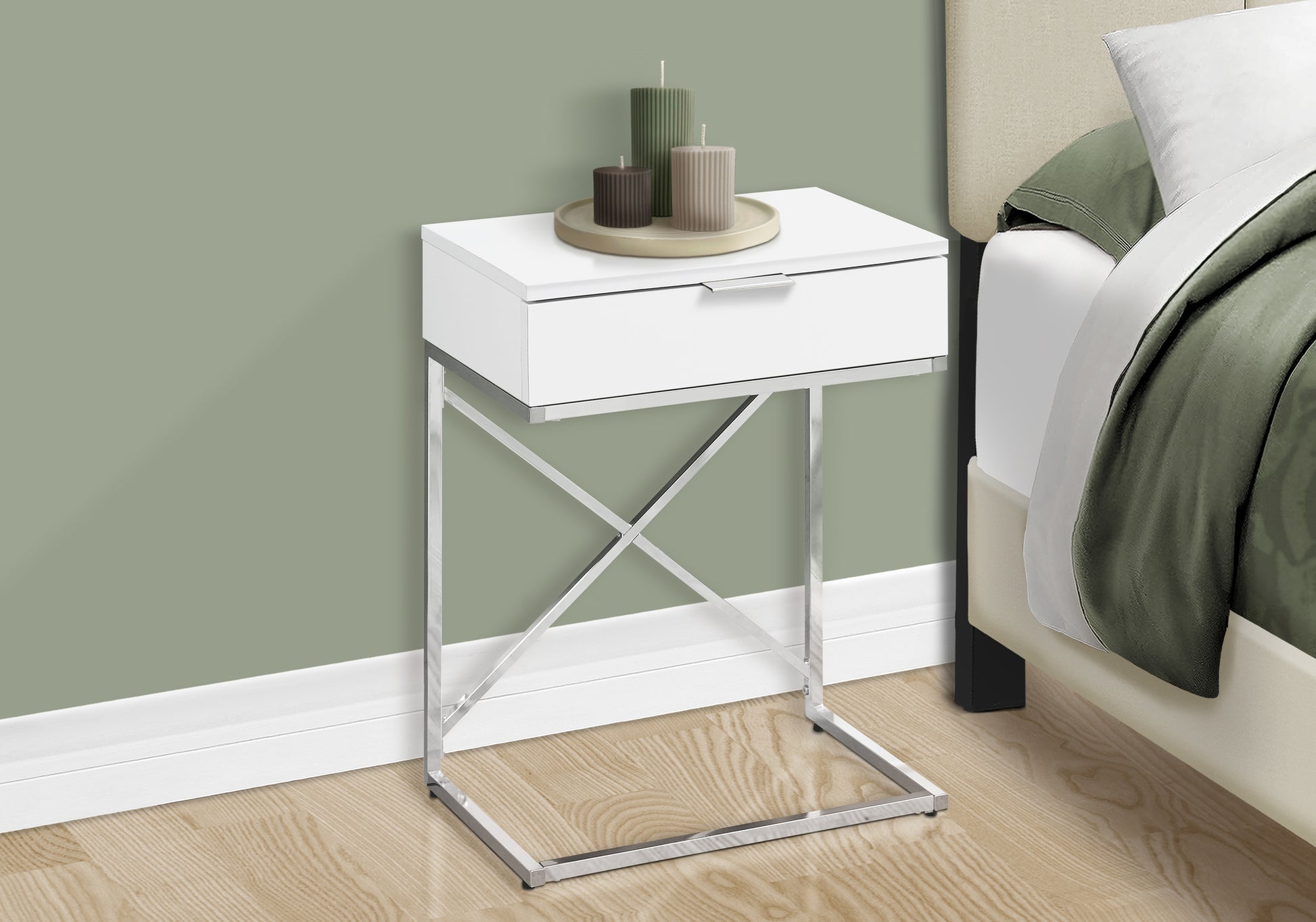 Modern white bedside table with chrome Cframe base and single drawer for bedroom storage