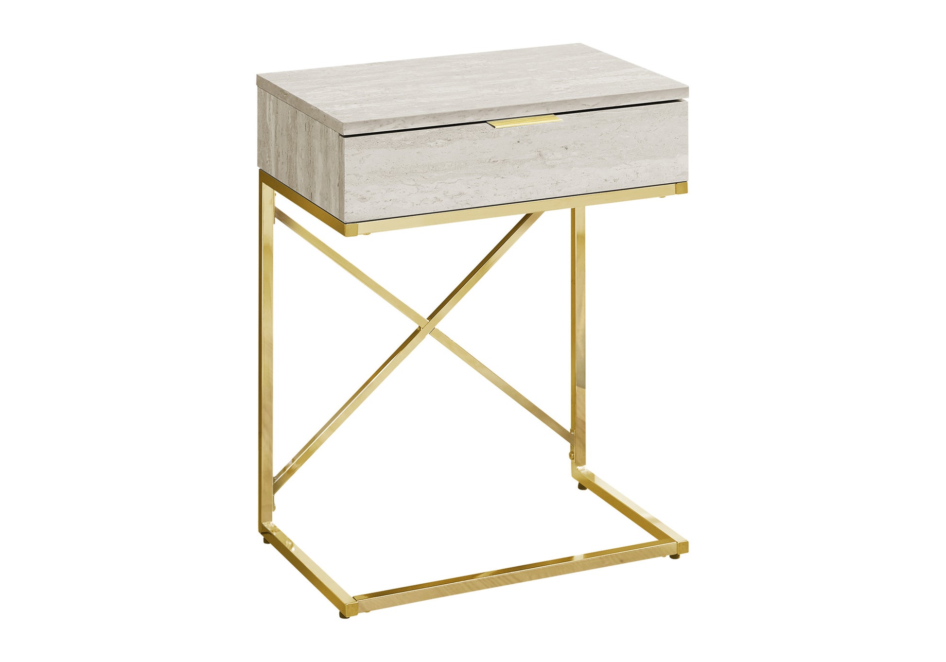 Travertine ctable with brushed gold base featuring a single drawer and modern design