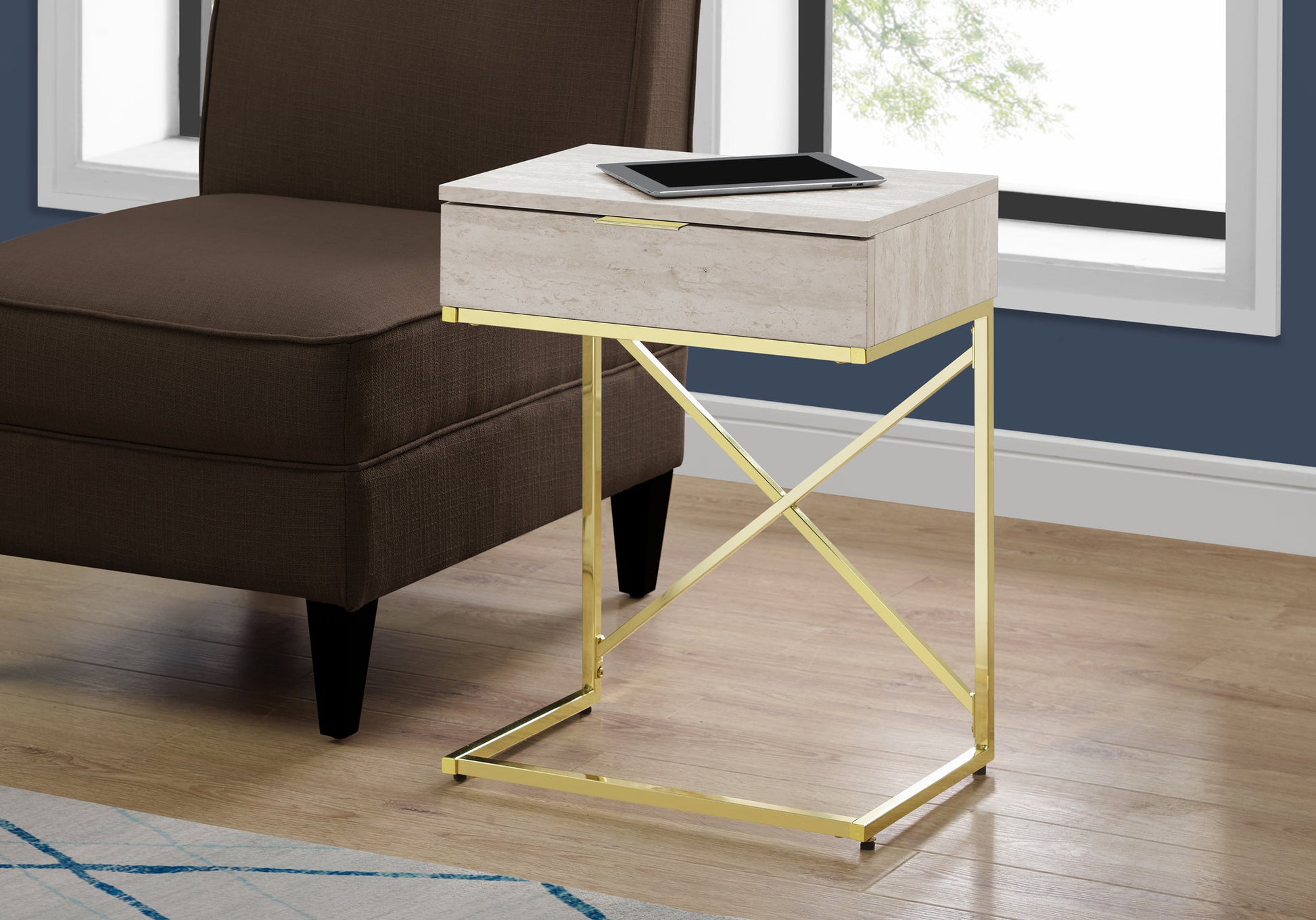 Travertine marble top end table with drawer and brass gold frame ideal for living rooms