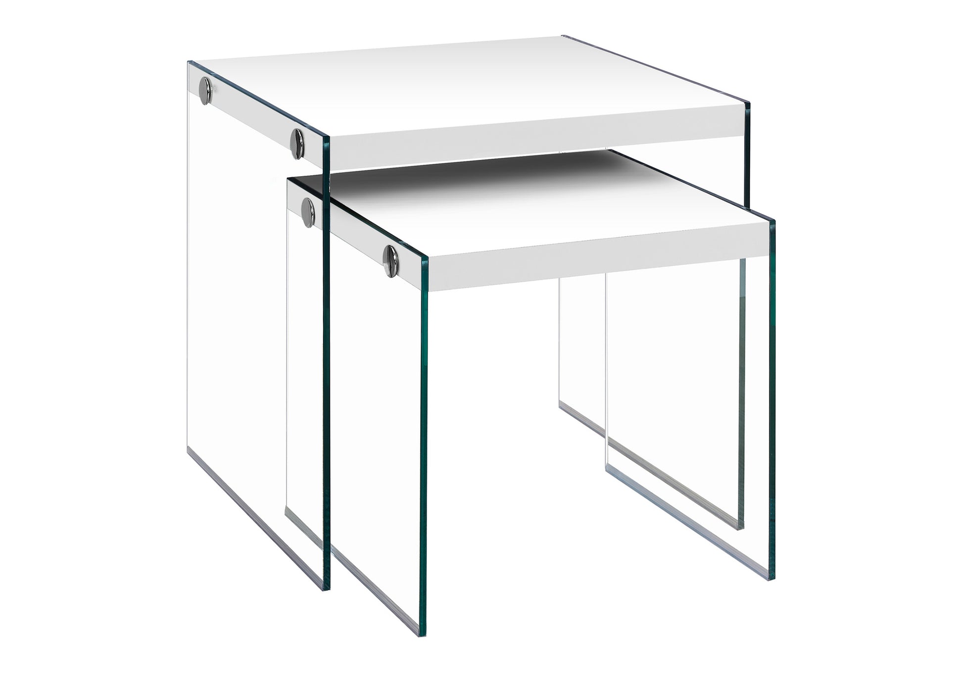 Stacking white nesting tables with clear acrylic sides and chrome accents