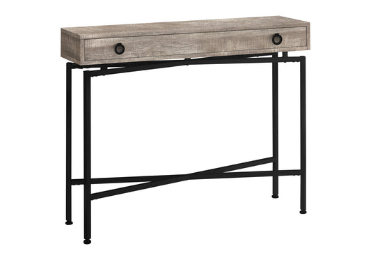 Modern grey wood console table with one drawer and black metal frame