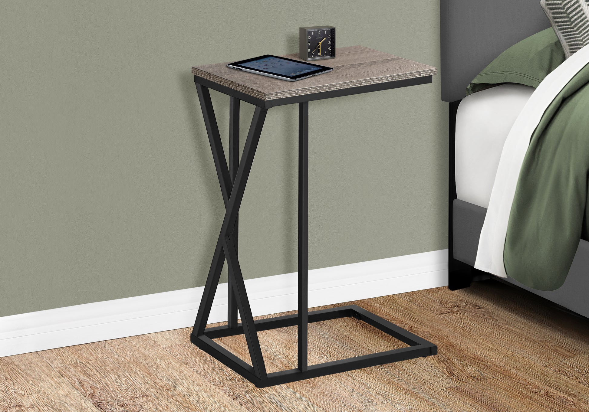 Modern ctable with distressed wood top and black metal base perfect for small spaces