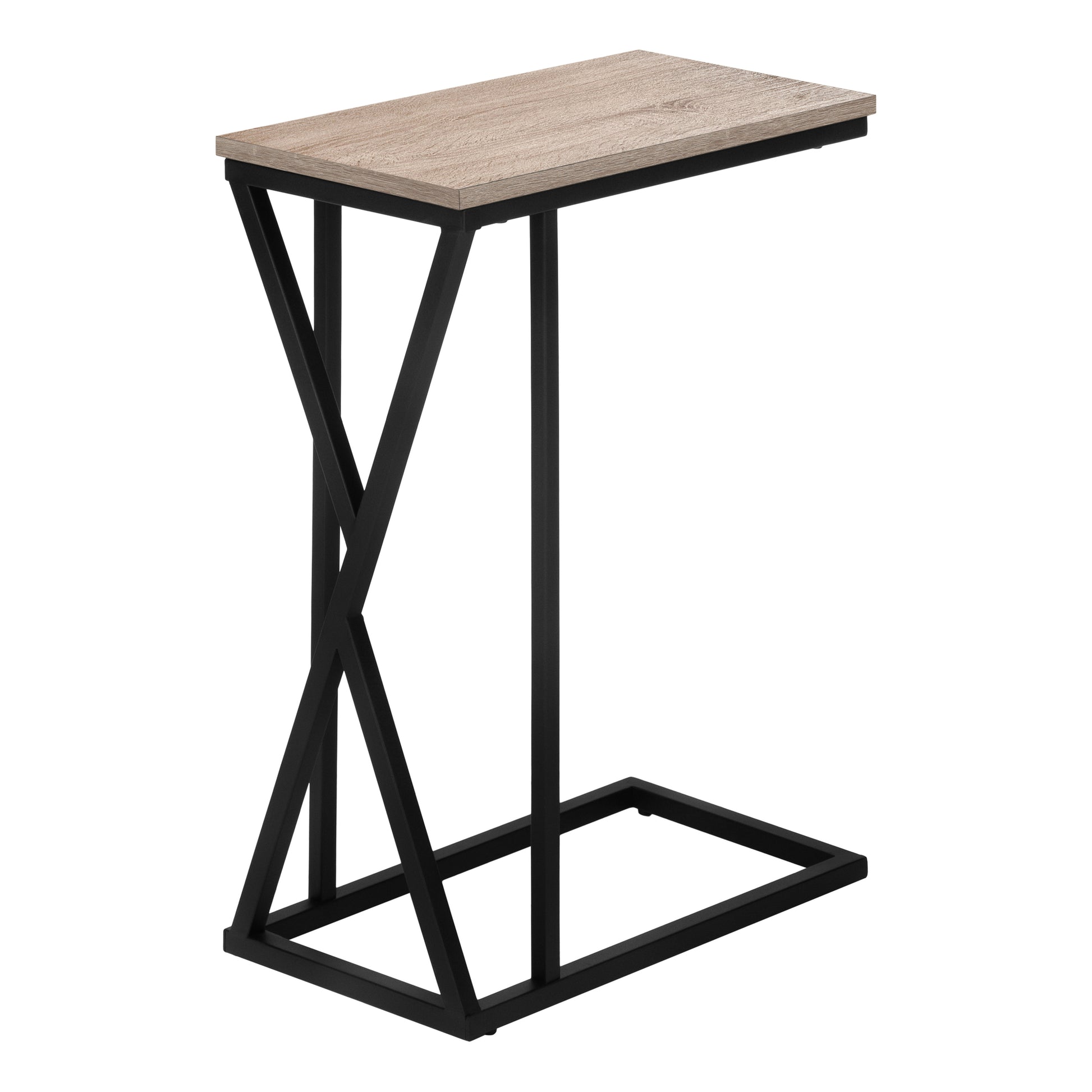 Cshaped side table with light wood top and black metal frame