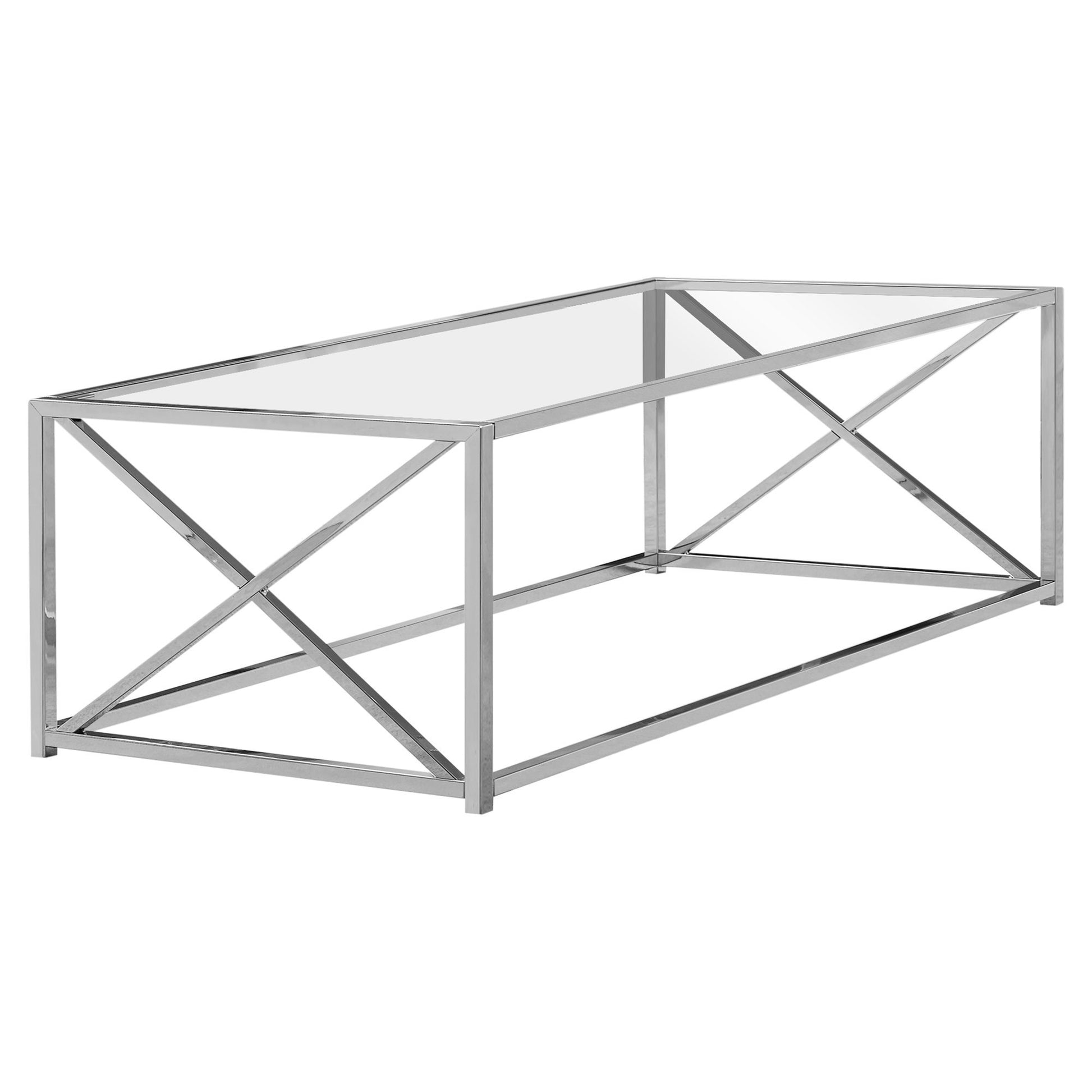 Glass top coffee table with polished chrome metal frame and crisscross accents