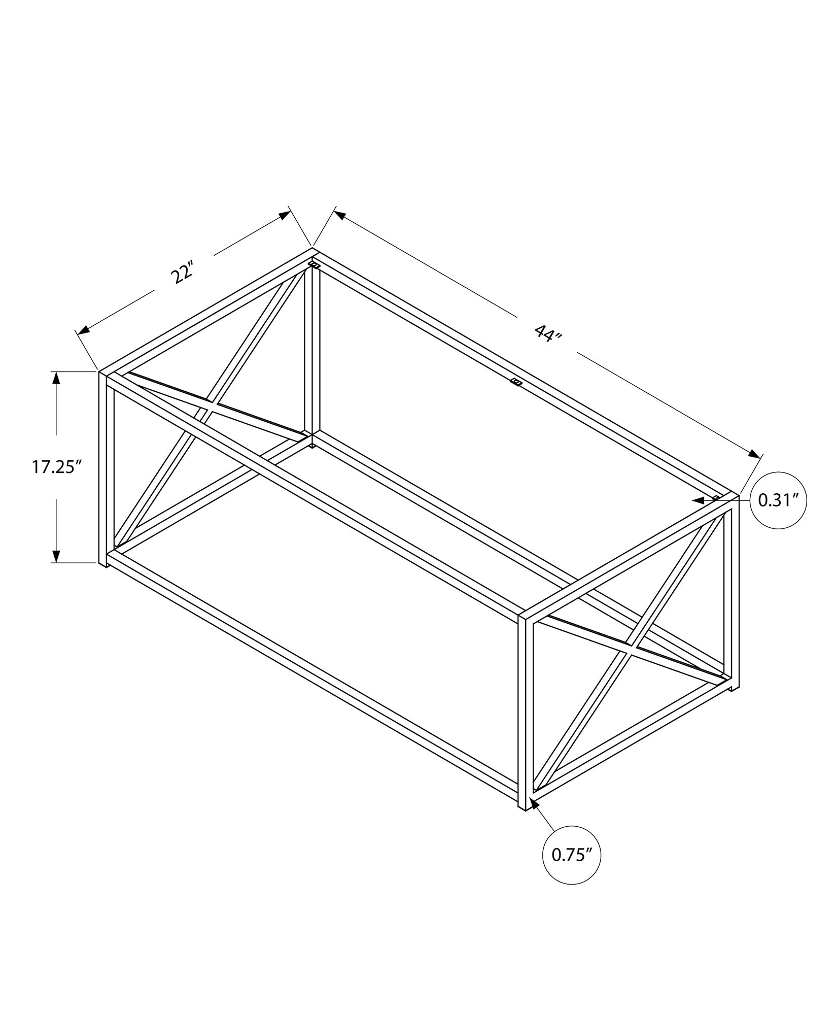 Line drawing of a metal coffee table frame  L x  W x  H industrial design