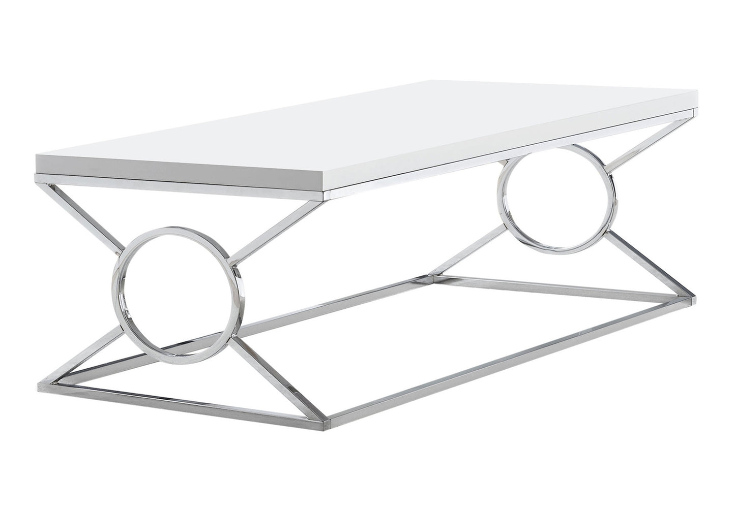 Sleek white coffee table with a chrome geometric base and circular accents for modern living rooms
