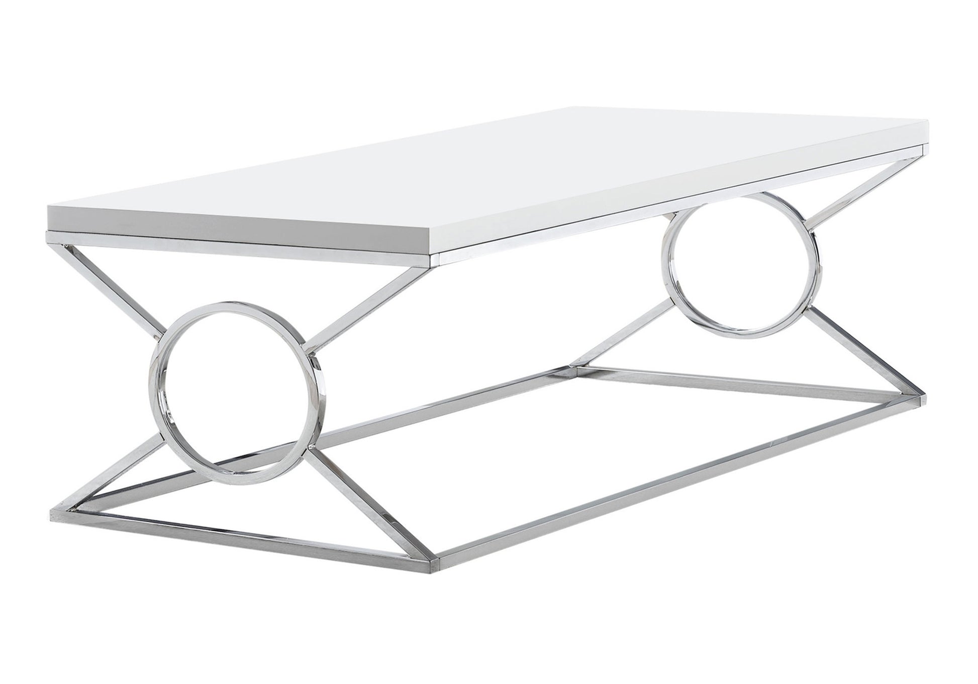 Sleek white coffee table with a chrome geometric base and circular accents for modern living rooms