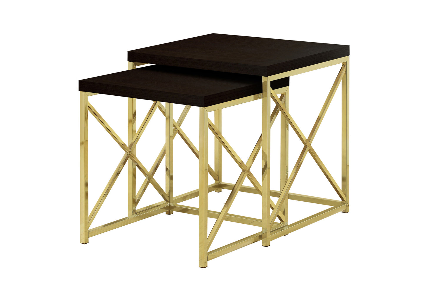 Set of two dark wood nesting tables with modern gold geometric frames