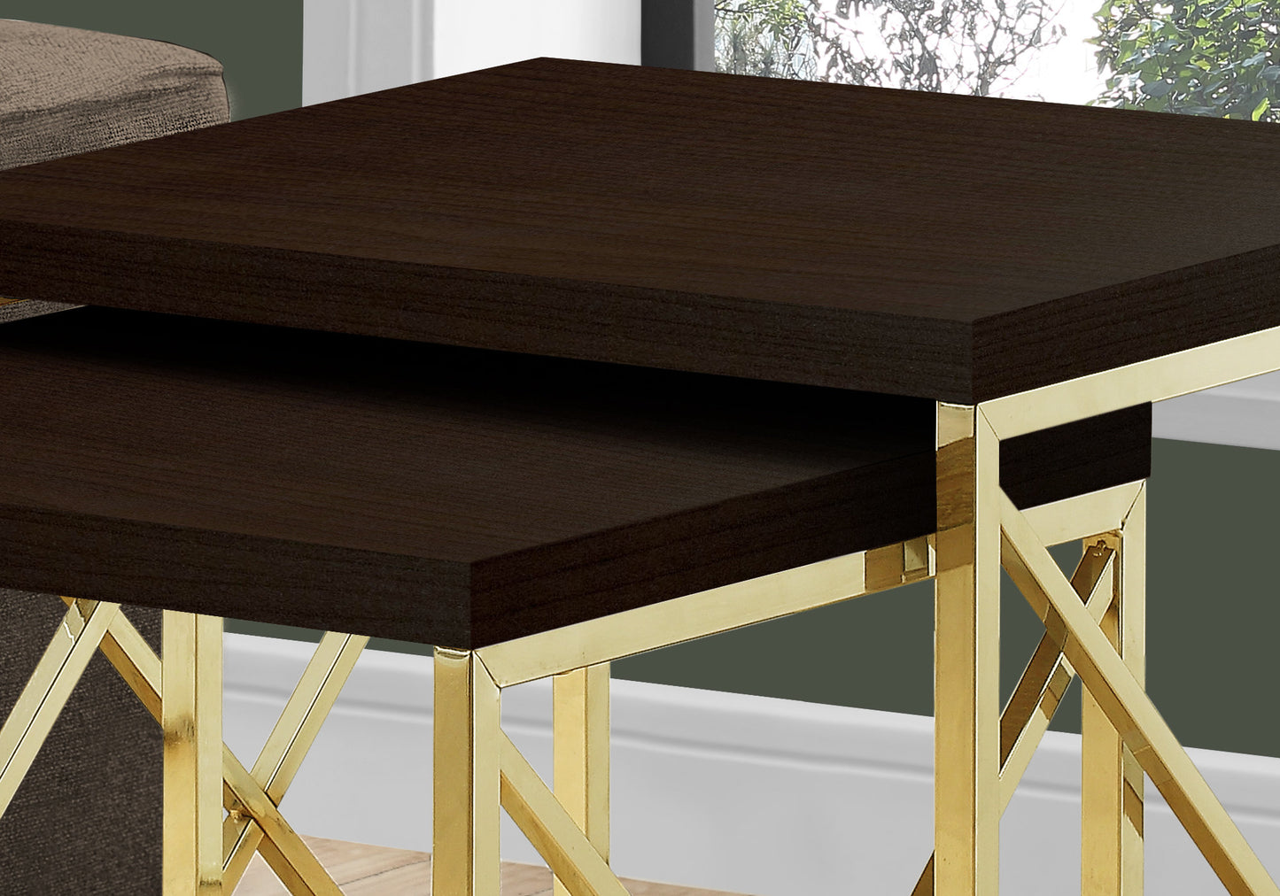 Dark wood nesting tables with gold geometric legs