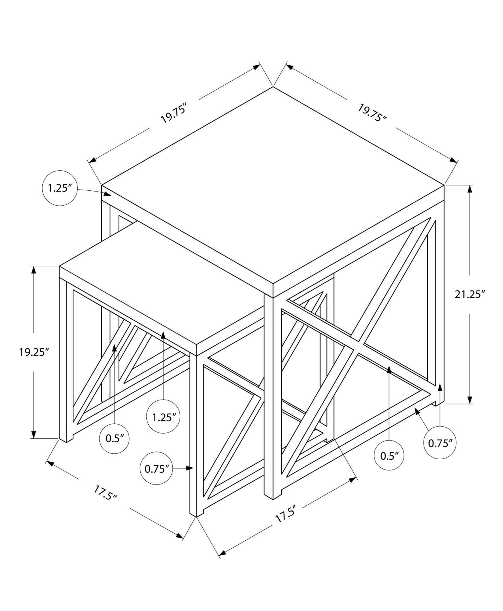 Dimensional drawing of nesting end tables showing  x  tops and  height