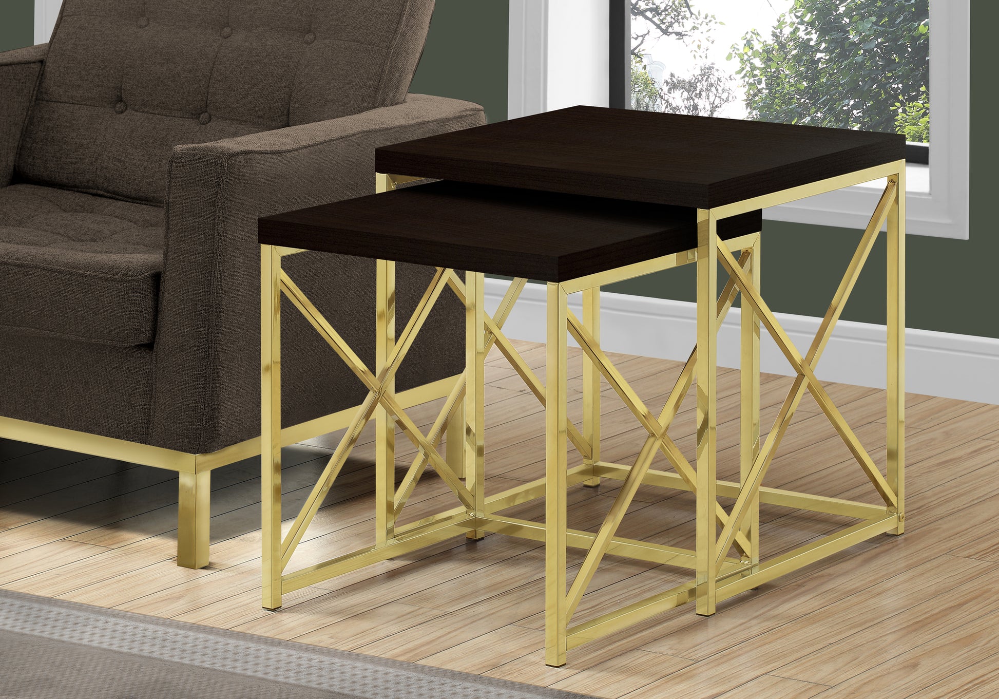 Dark wood nesting tables with ornate gold metal bases