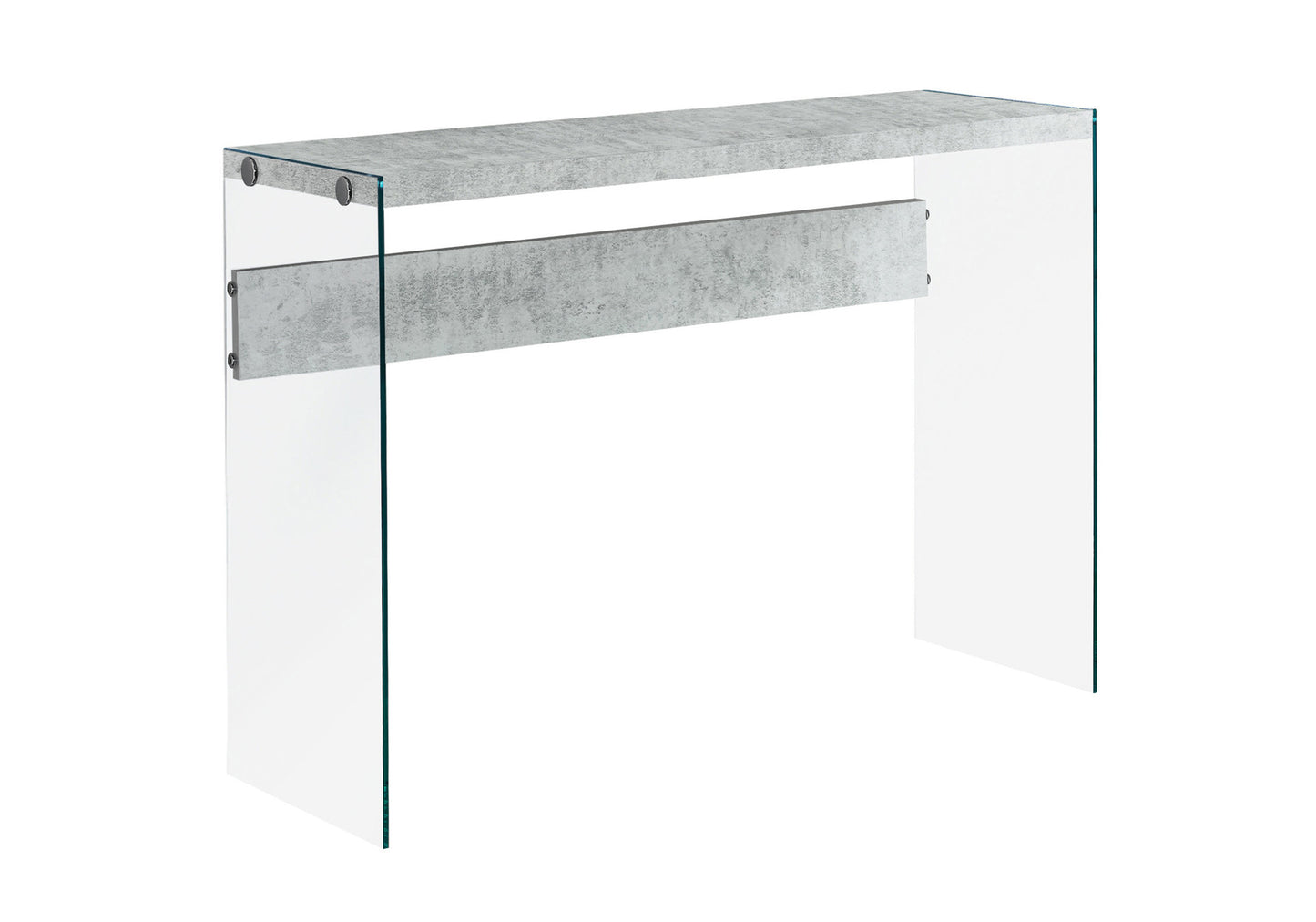 Modern concretelook console table with clear glass legs and shelf