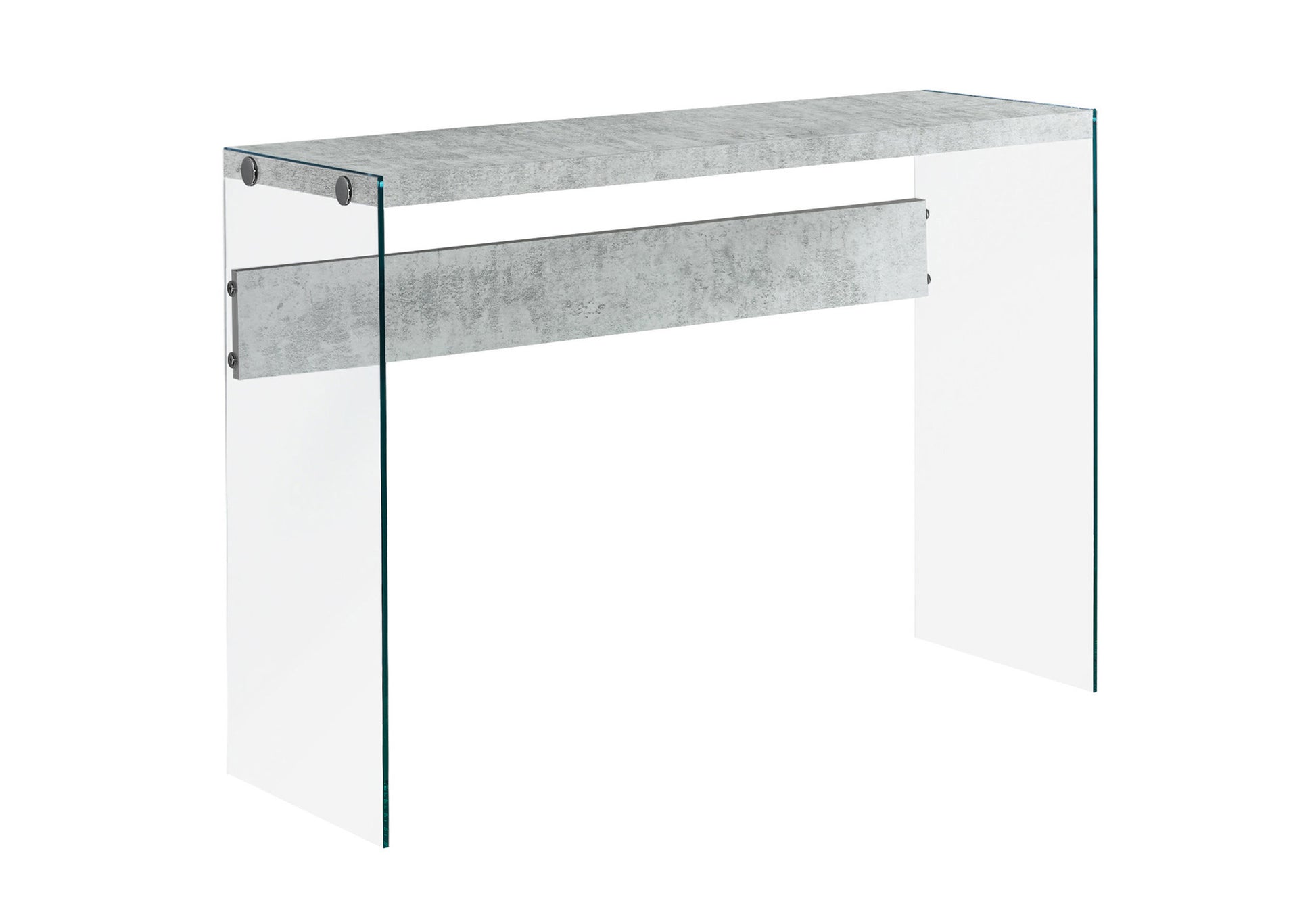 Modern concretelook console table with clear glass legs and shelf