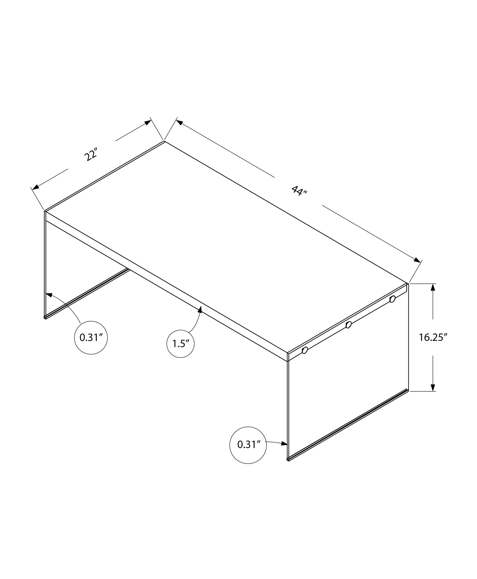 Diagram of a modern coffee table  W x  D x  H with  thick material