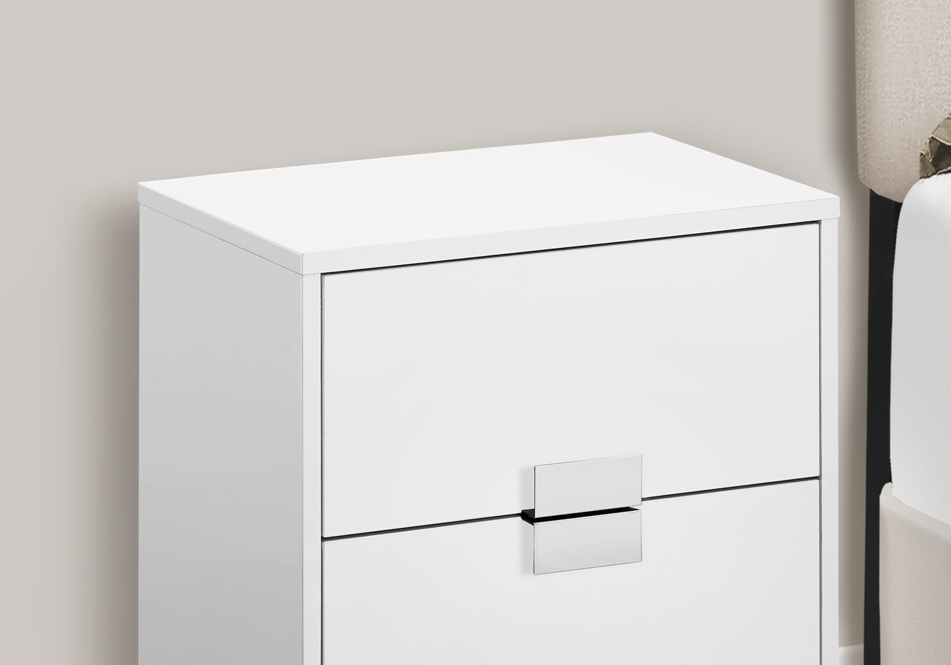 White gloss bedside table with two drawers and chrome handles