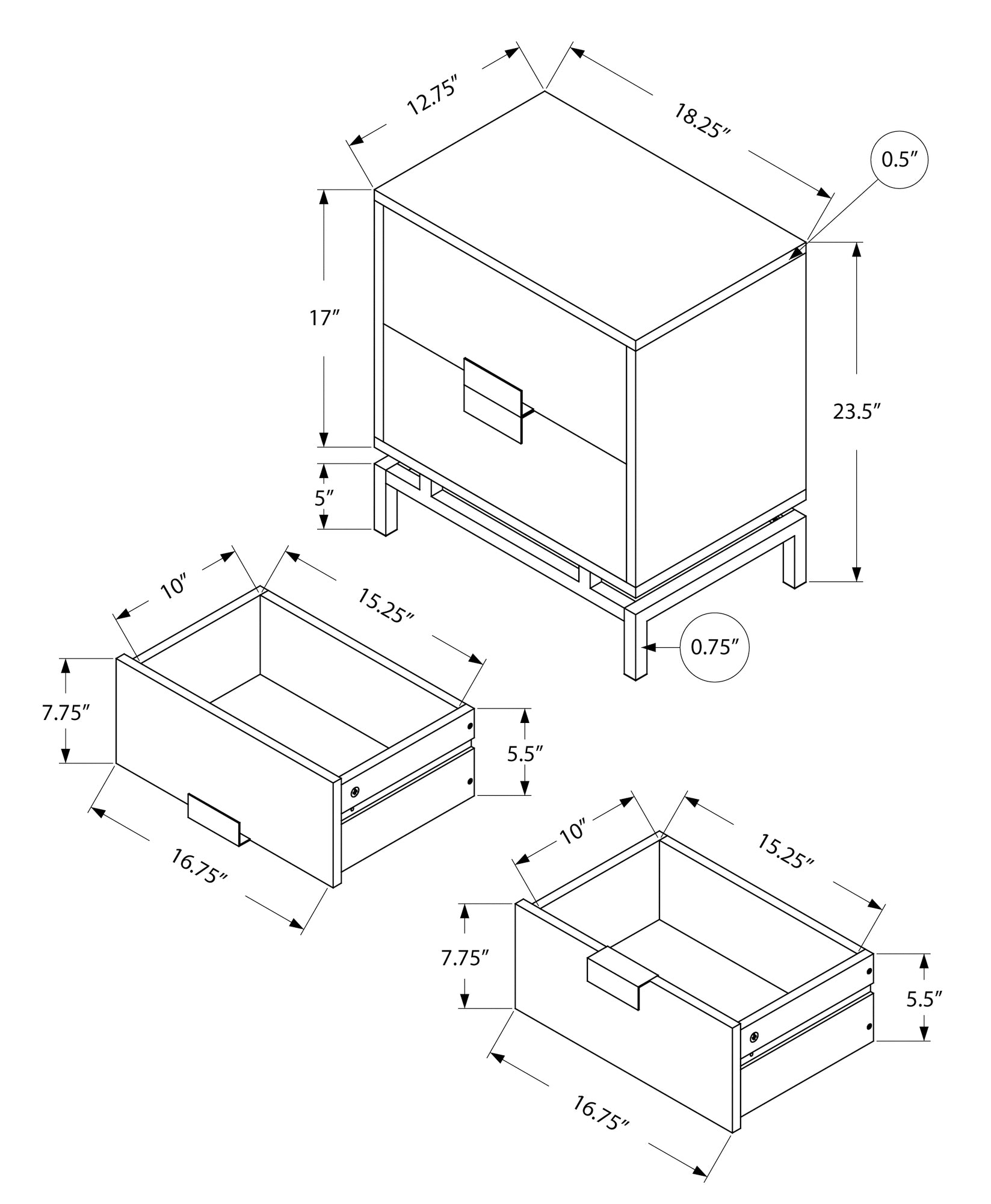 Line drawing of a nightstand with dimensions xx inches