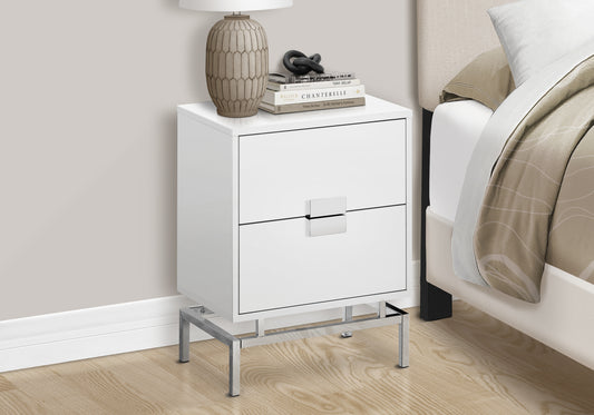 Sleek white nightstand with chrome legs and silver drawer pull