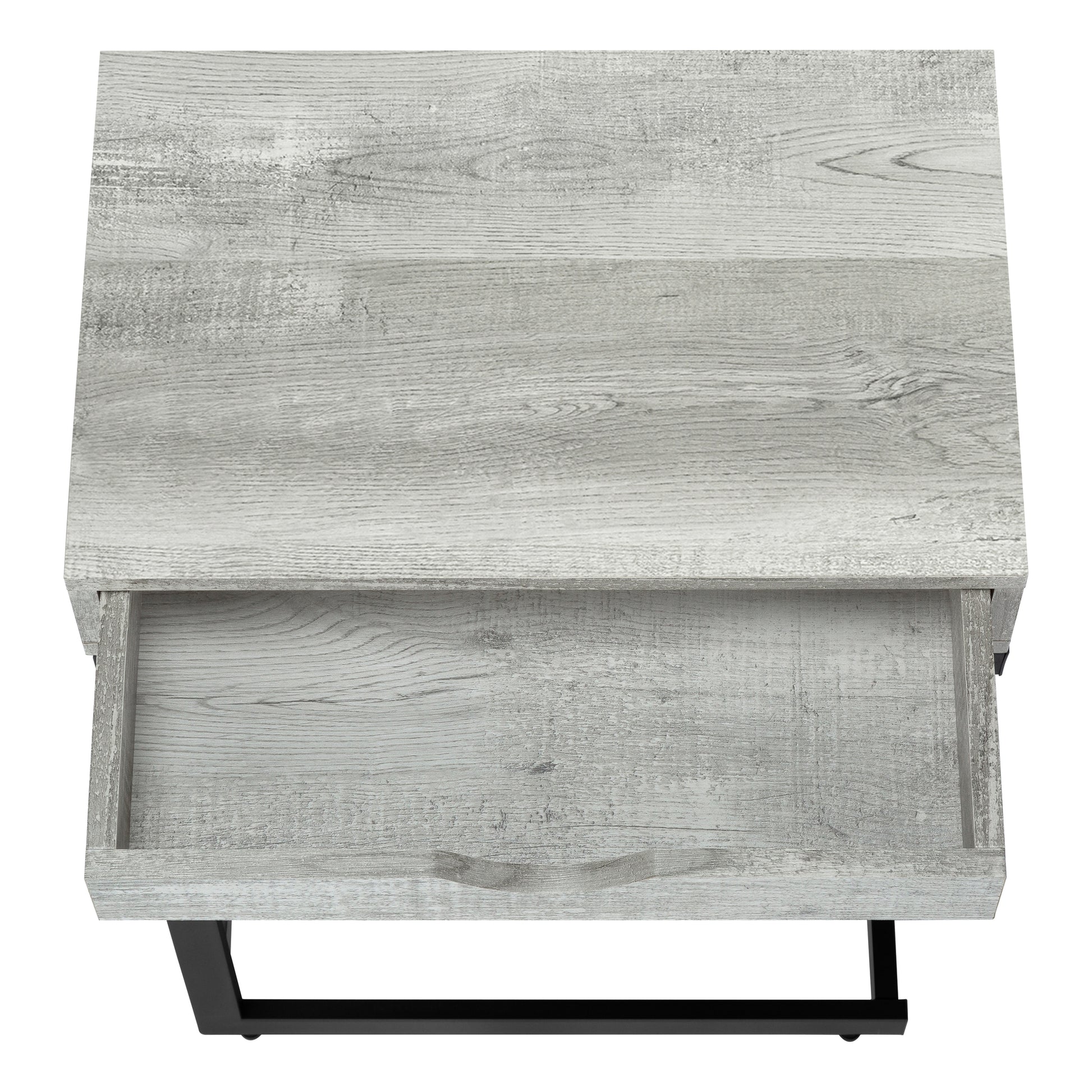 Gray wood grain nightstand with one open drawer and black metal legs