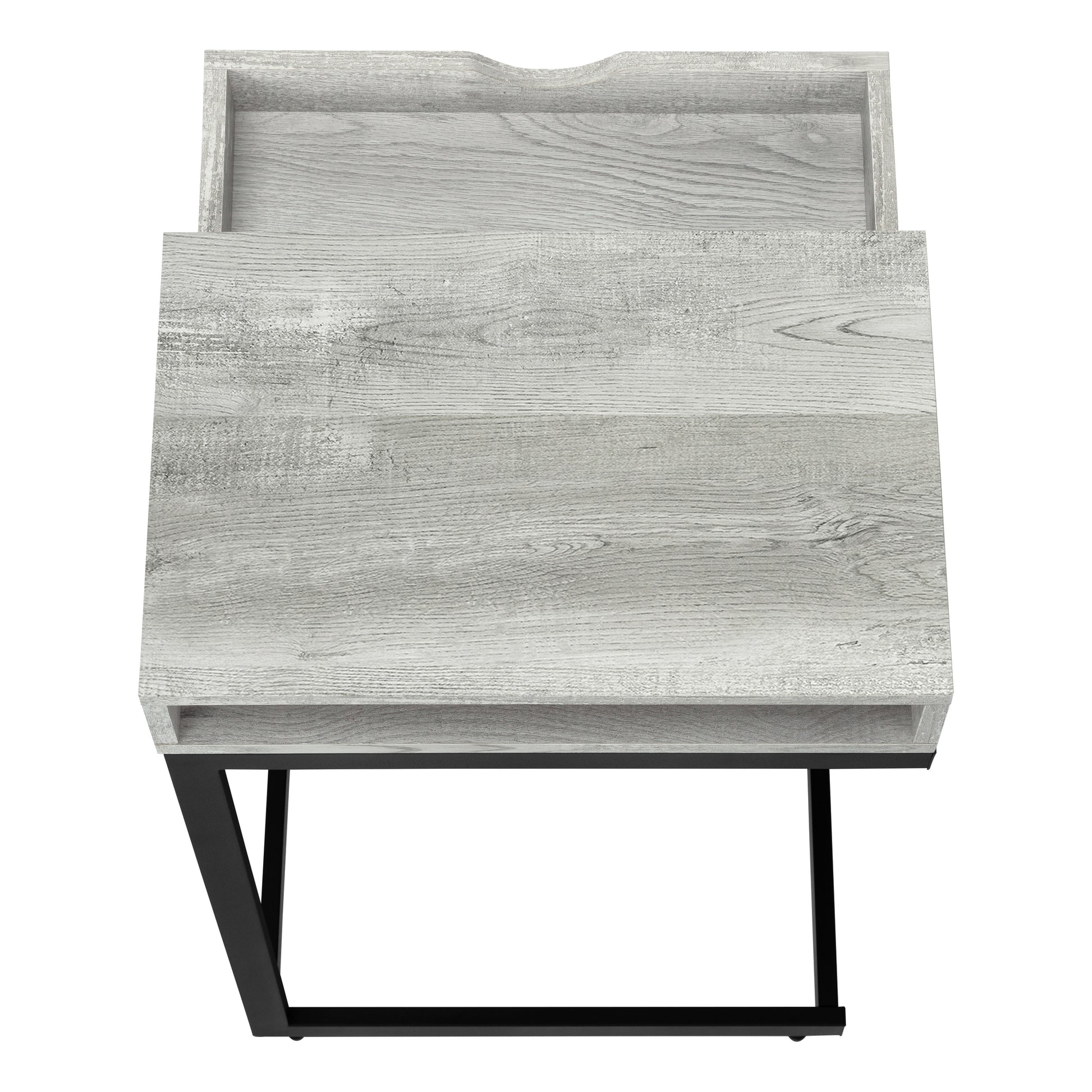 Rustic grey wood side table with black metal legs and open shelf