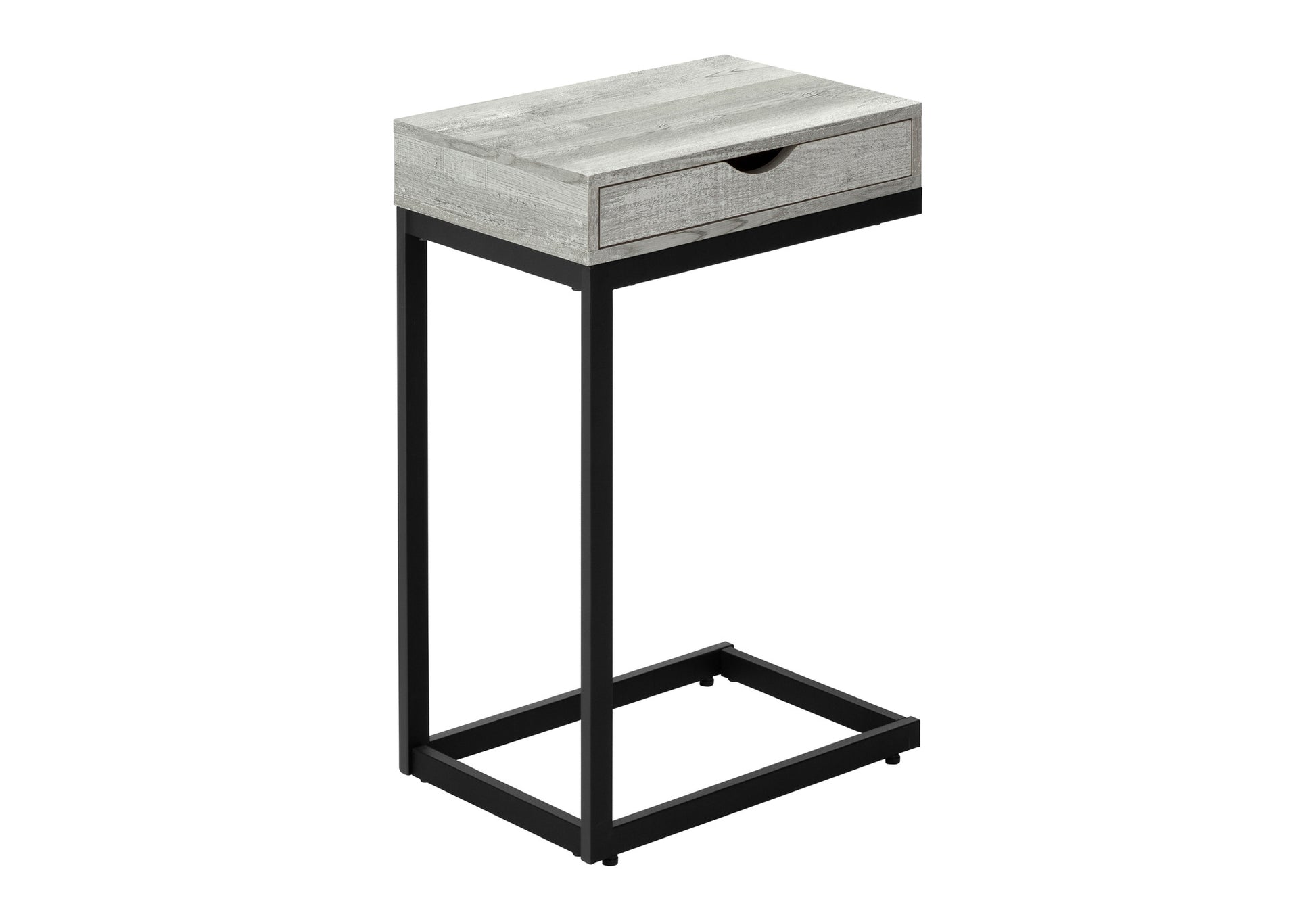 Rustic gray wood accent table with a single drawer and black metal frame