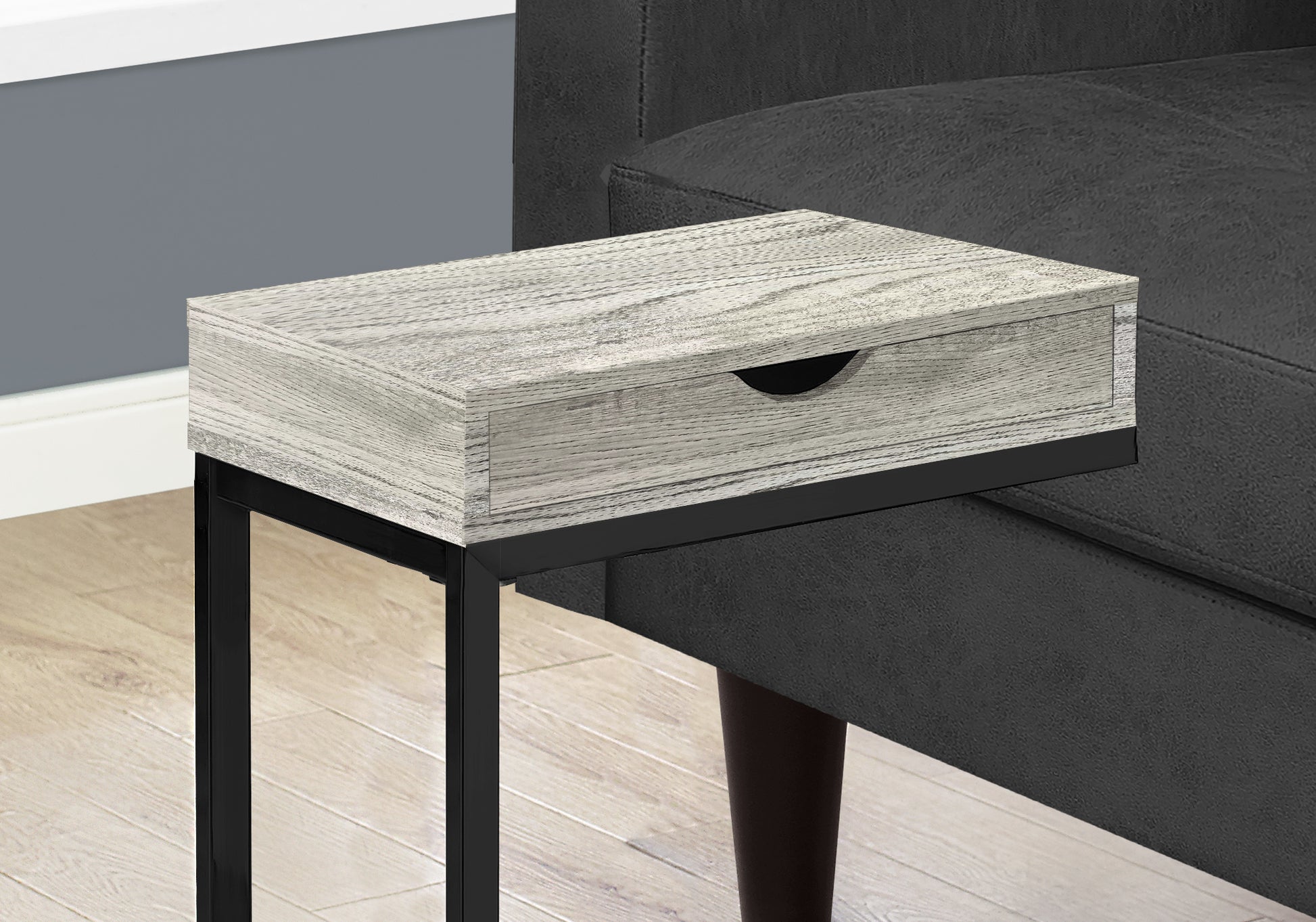 Grey wash wood and black metal Ctable with drawer perfect for sofas