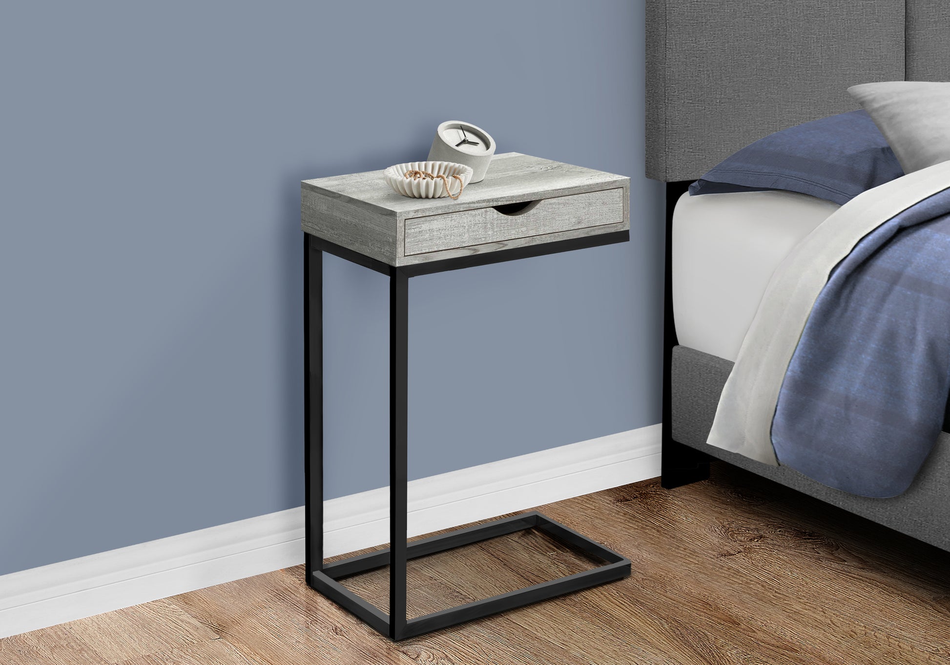 Modern Ctable with grey wood grain top single drawer and black metal frame