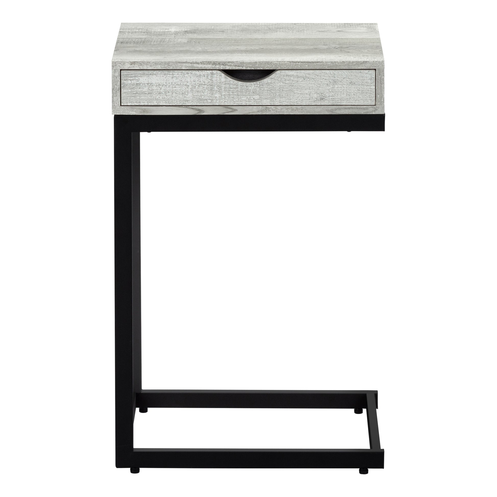 Modern Ctable with weathered gray wood top black metal frame and single drawer for convenient storage