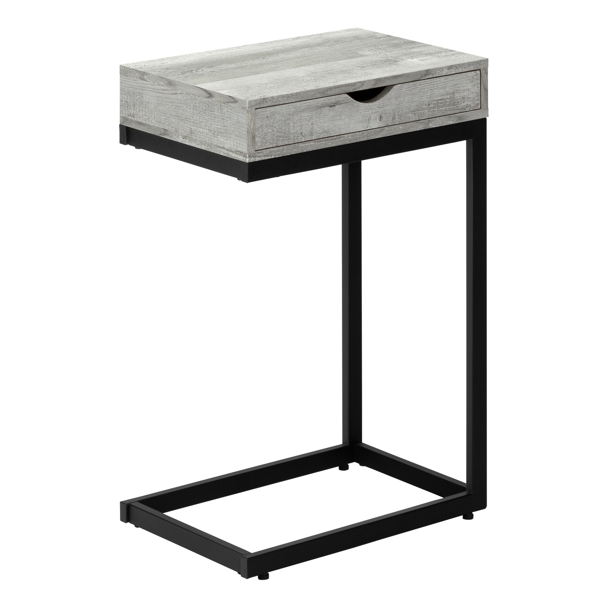 Grey wood finish ctable with black metal frame and single drawer perfect for small spaces