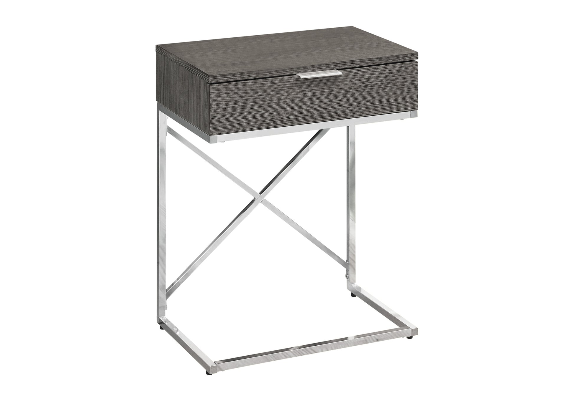 Modern Ctable with dark wood grain finish and chrome base