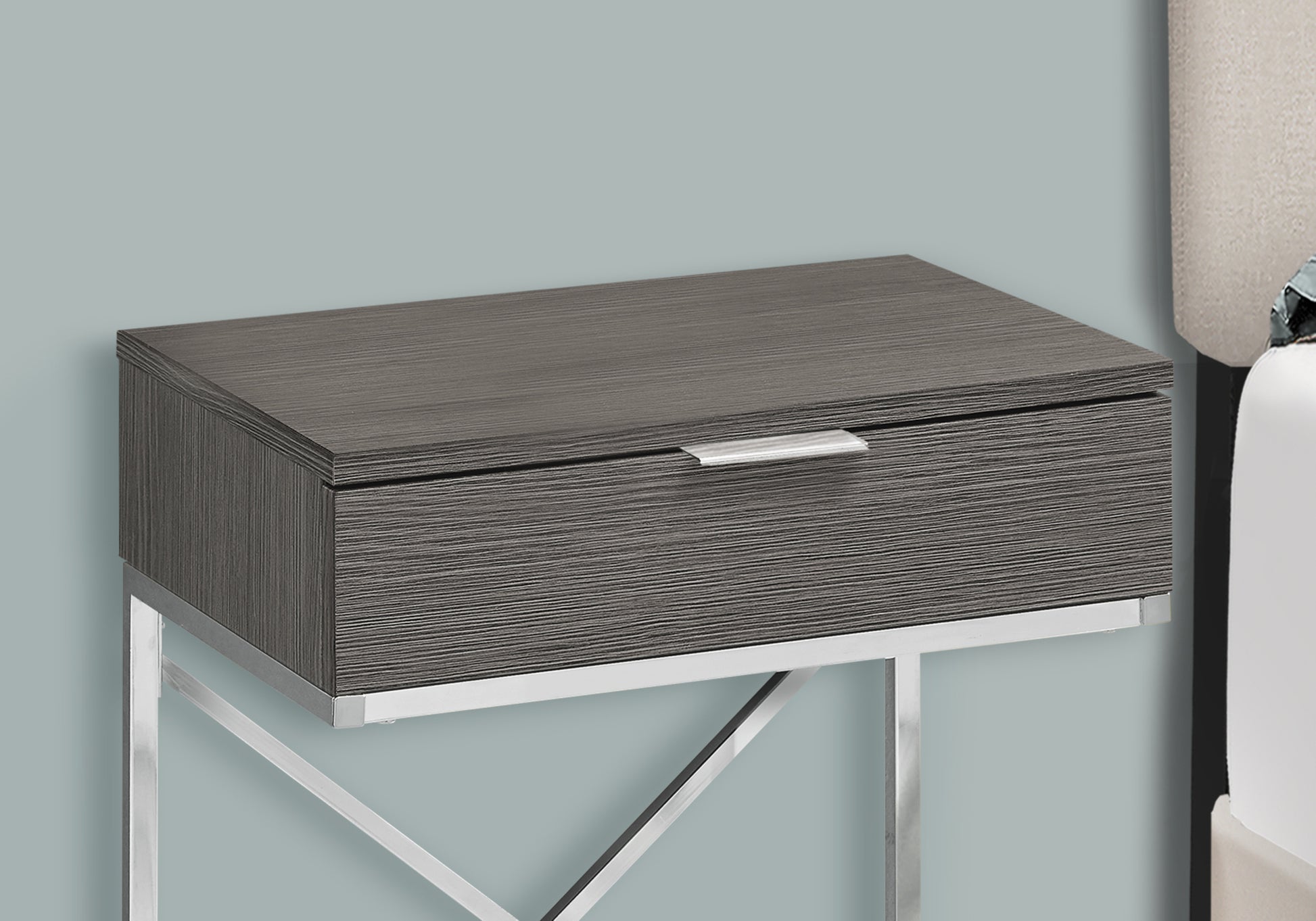 Modern gray wood veneer nightstand with silver drawer pull and chrome legs