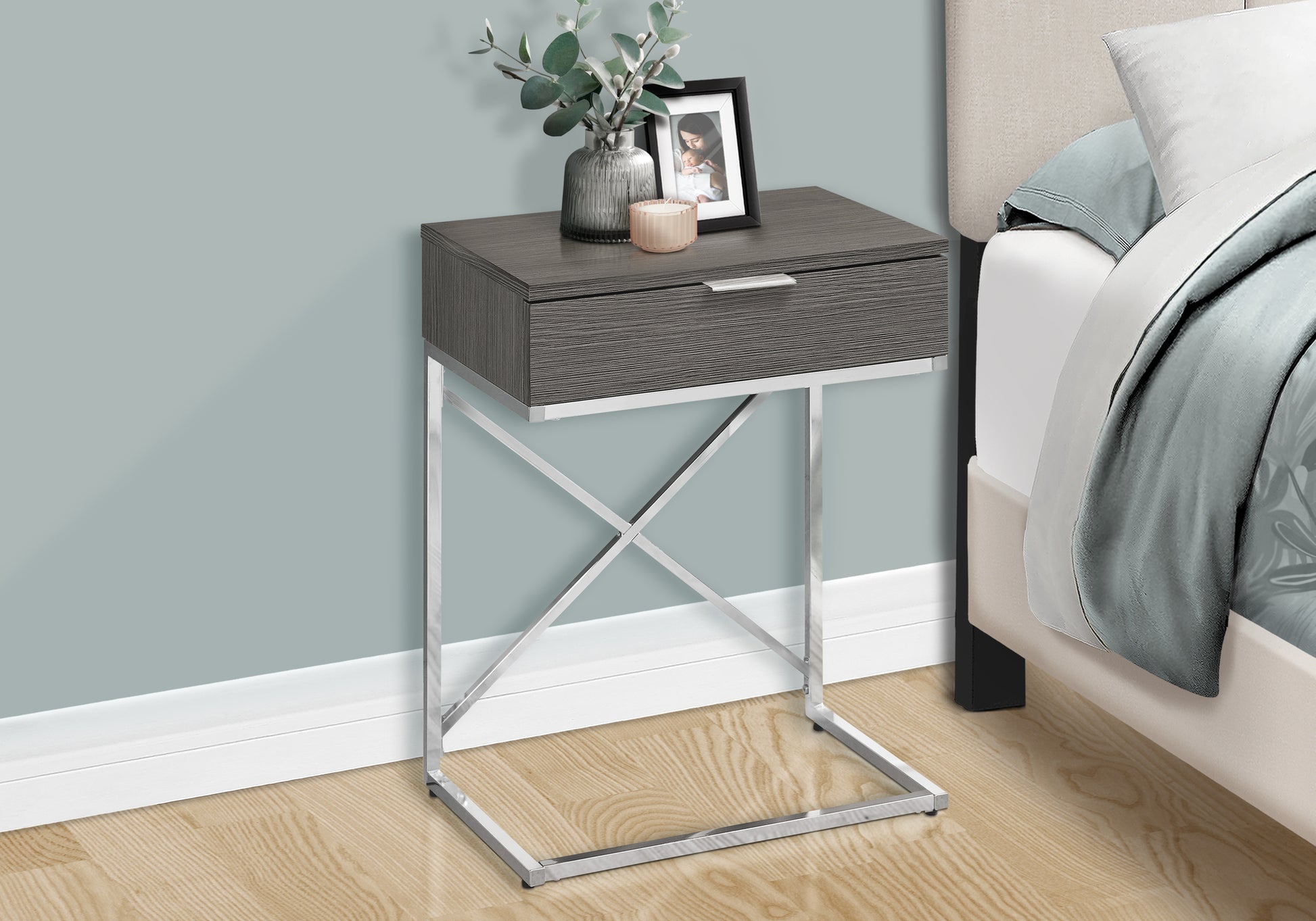 Gray faux wood accent table with silver Xleg frame and single drawer