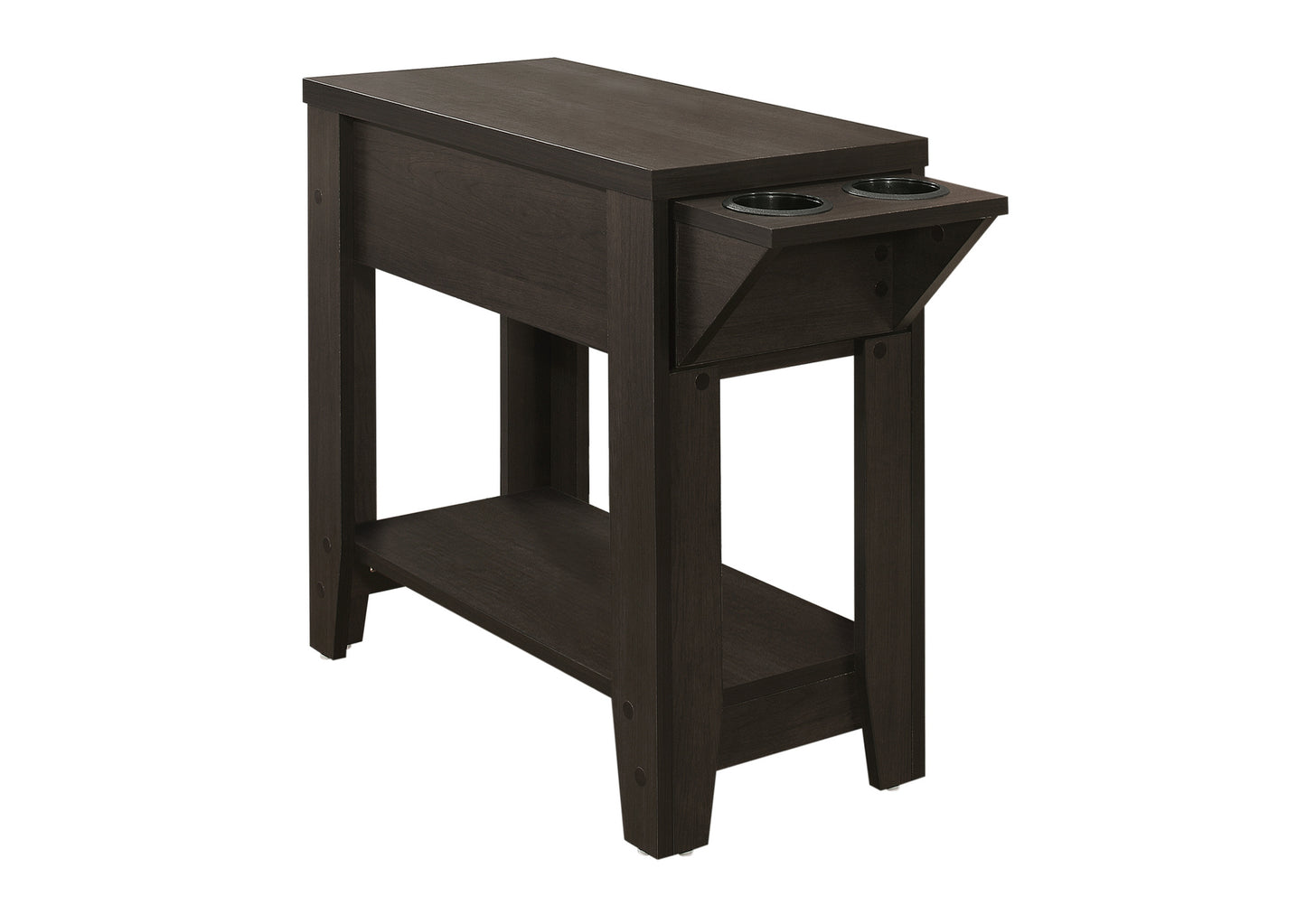 Dark espresso narrow sofa table with two builtin cup holders