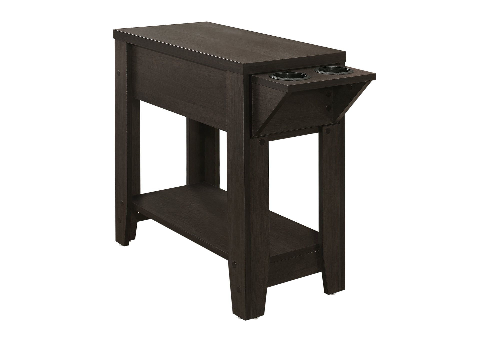 Dark espresso narrow sofa table with two builtin cup holders