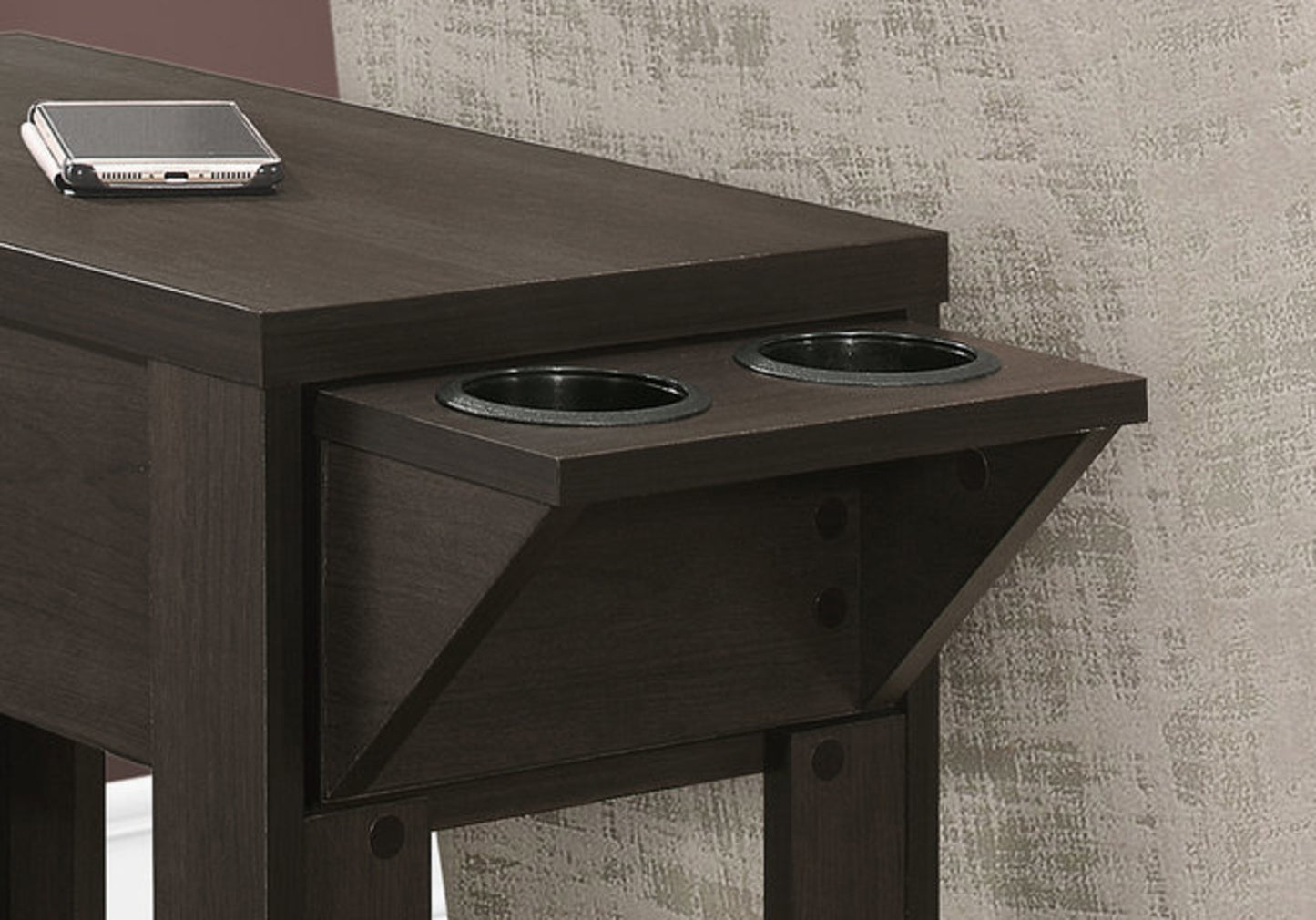 Dark wood sofa table with two builtin black cup holders