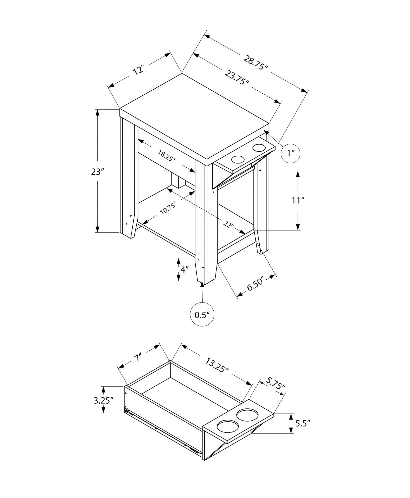 Technical drawing of a side table with dimensions showing a pullout tray with cup holders