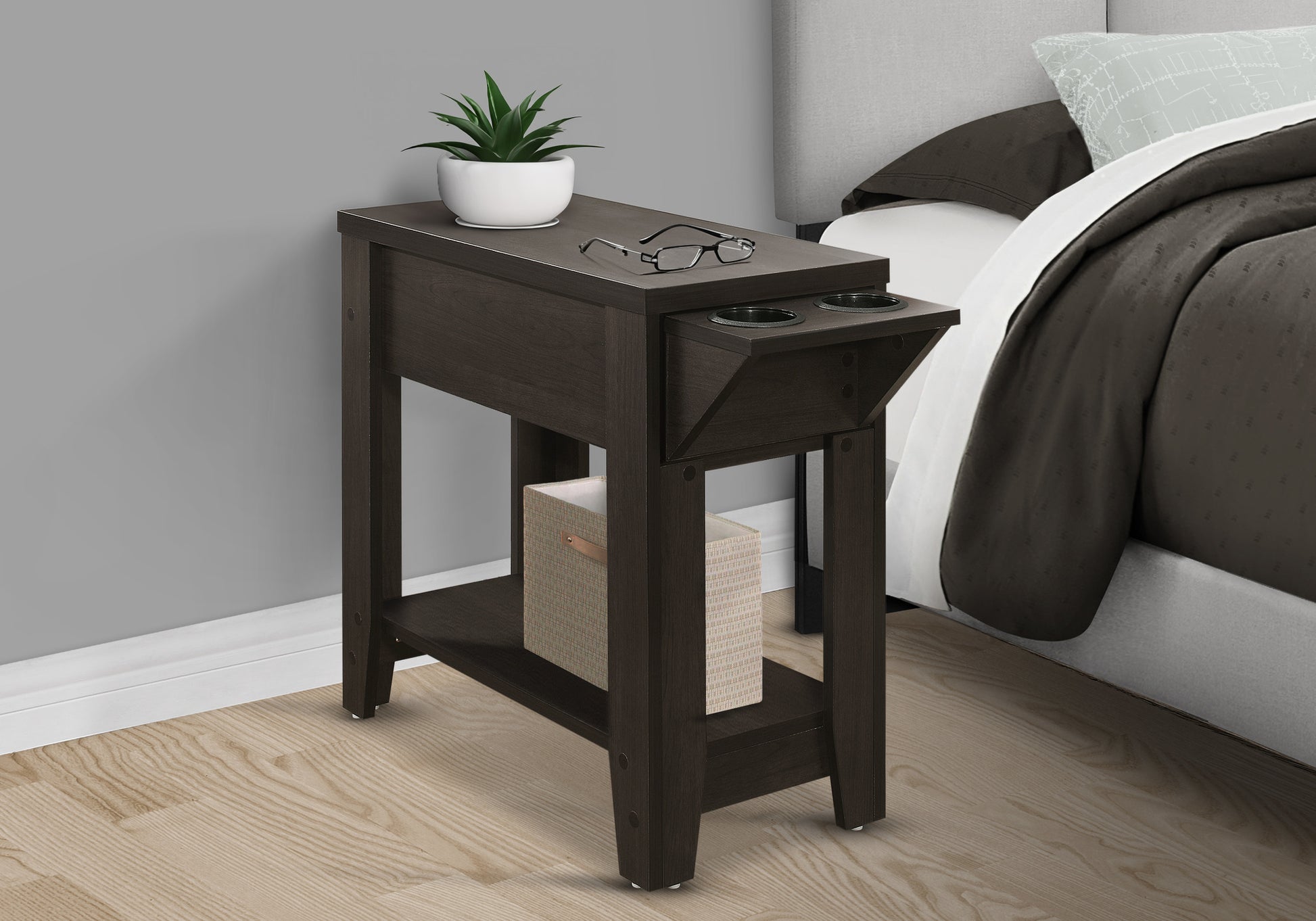 Dark wood narrow side table with two cup holders and storage shelf