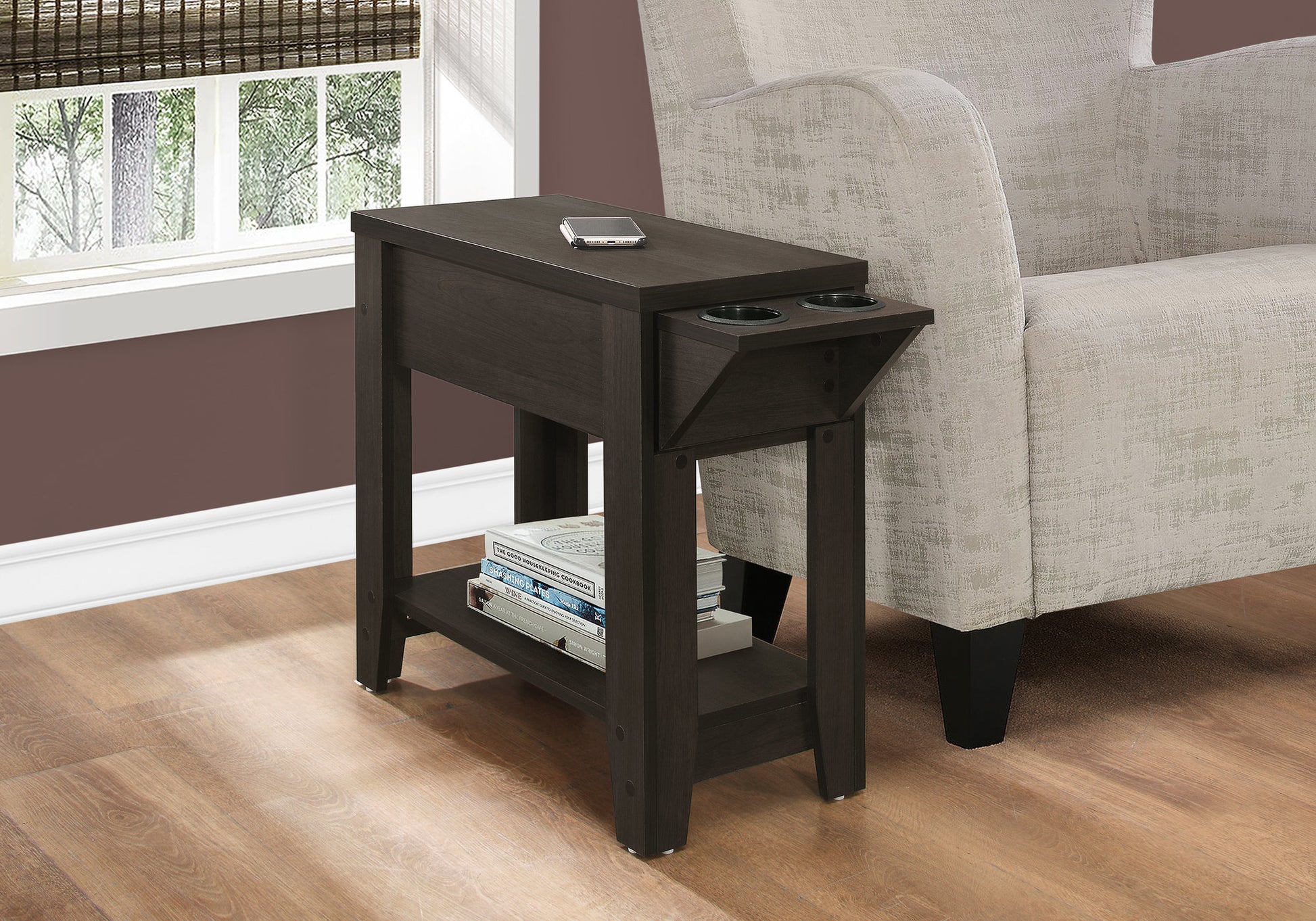Dark espresso Ctable with hidden storage and dual cup holders ideal for living rooms