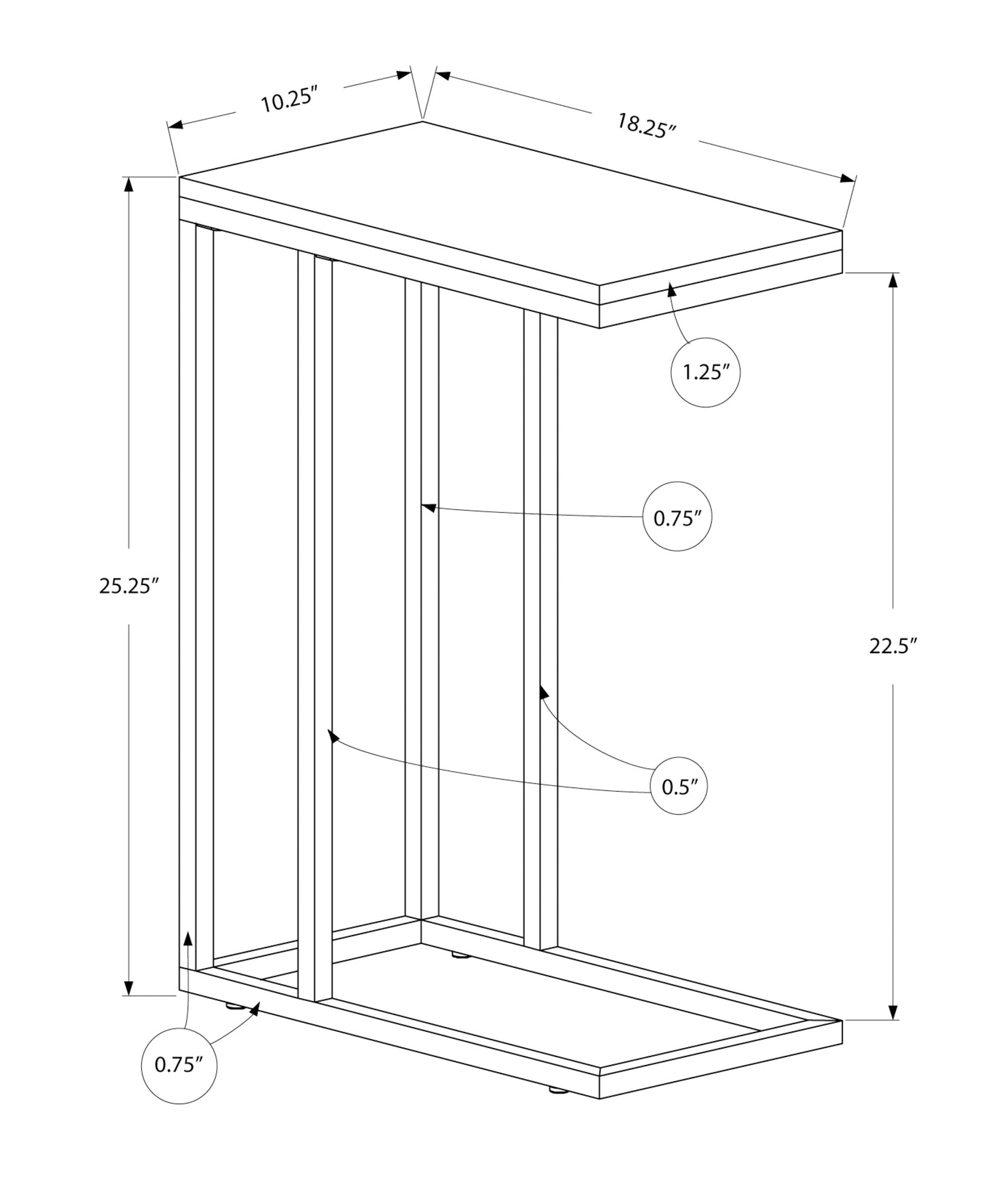 Line drawing of a Cshaped side table with dimensions  x  x