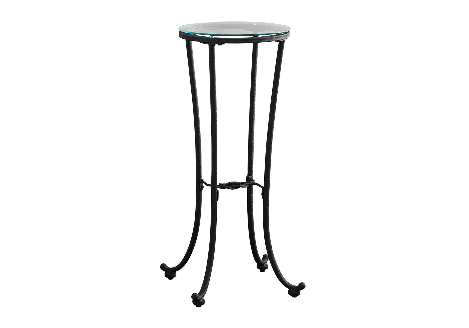 Black metal pedestal stand with a round glass top ideal for plants