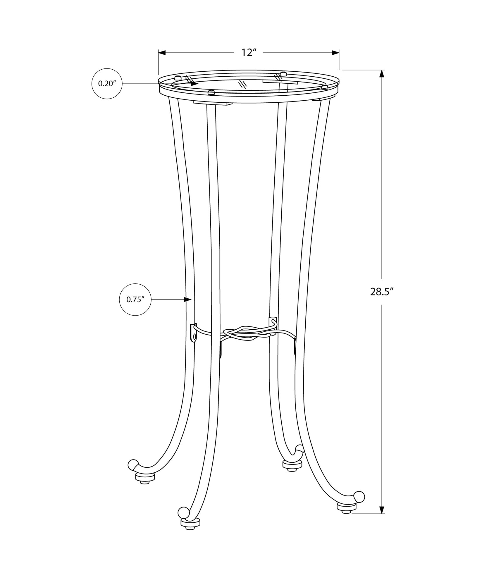 Line drawing of a small round accent table with a metal frame and decorative base  inches diameter
