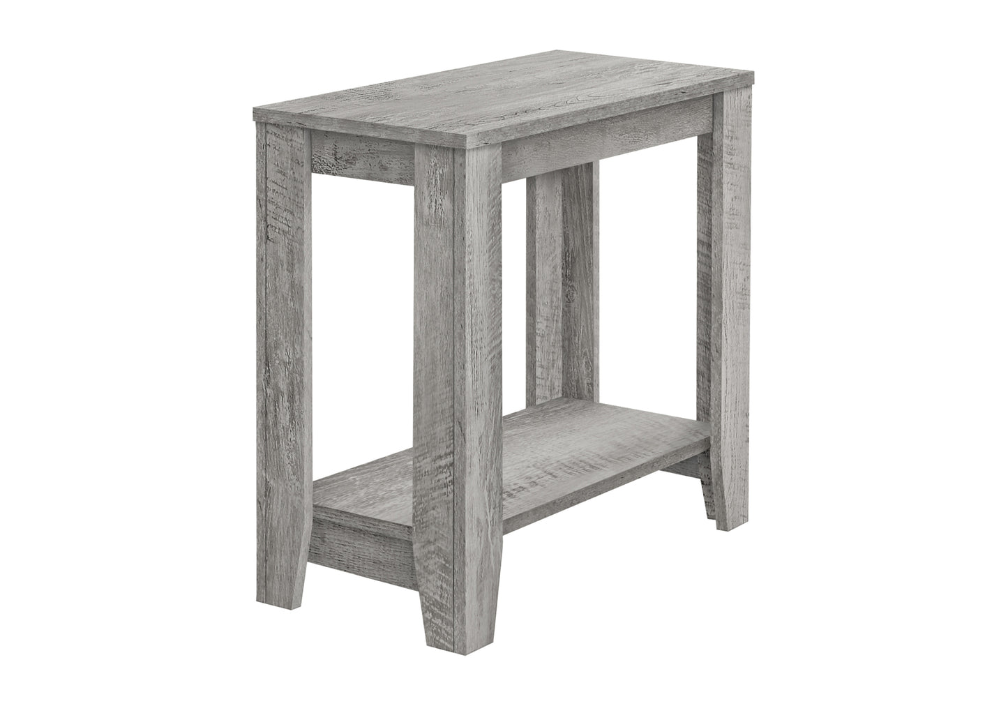 Rustic grey wood narrow end table with lower shelf for storage
