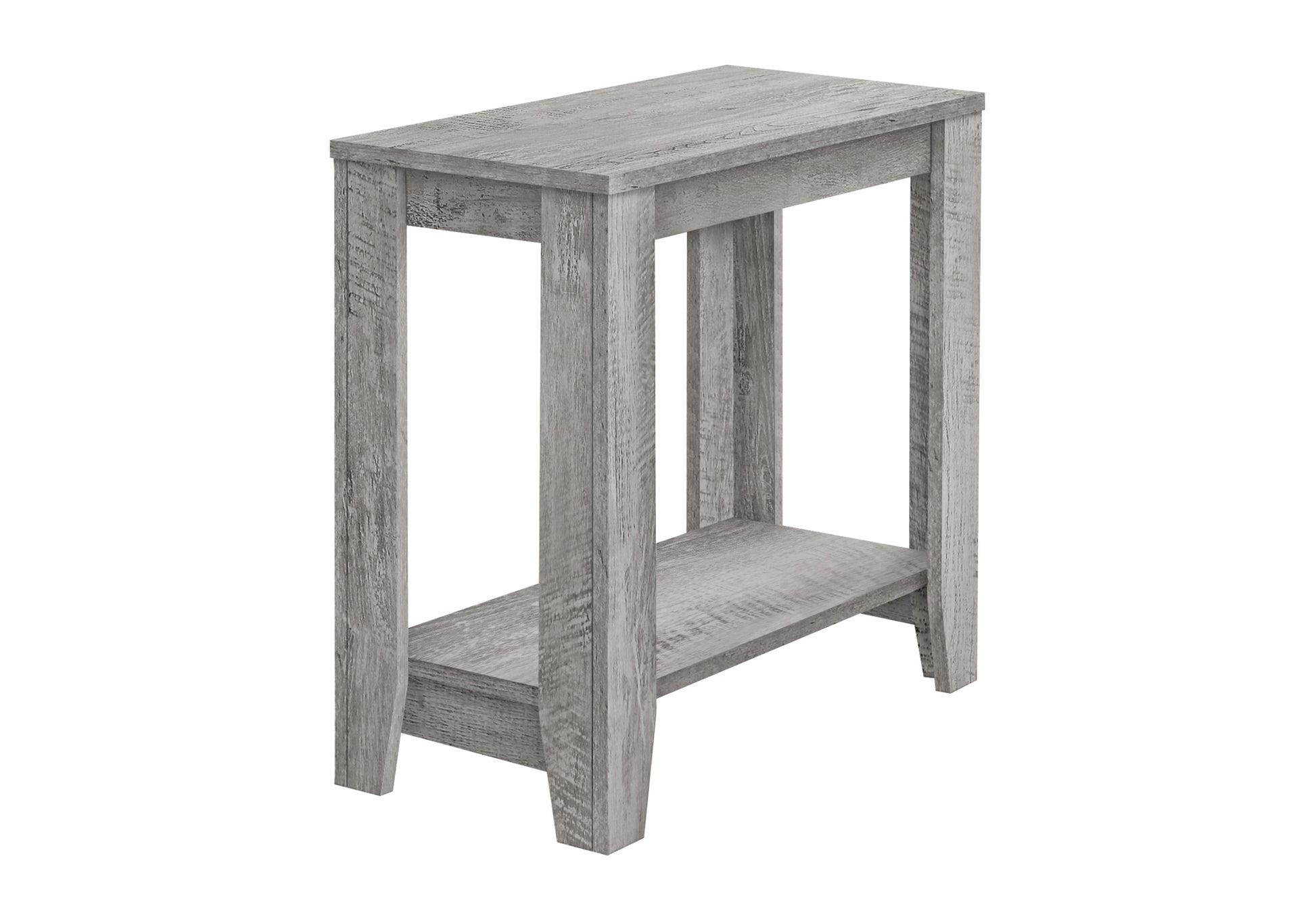 Rustic grey wood narrow end table with lower shelf for storage